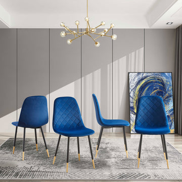 Blue Velvet Tufted Accent Chairs With Golden Color Metal Legs, Modern Dining Chairs For Living Room,Set Of 4 Metal Plaid Blue Dining Room Powder Coated Foam Dry Clean Modern Dining Chairs Solid Back