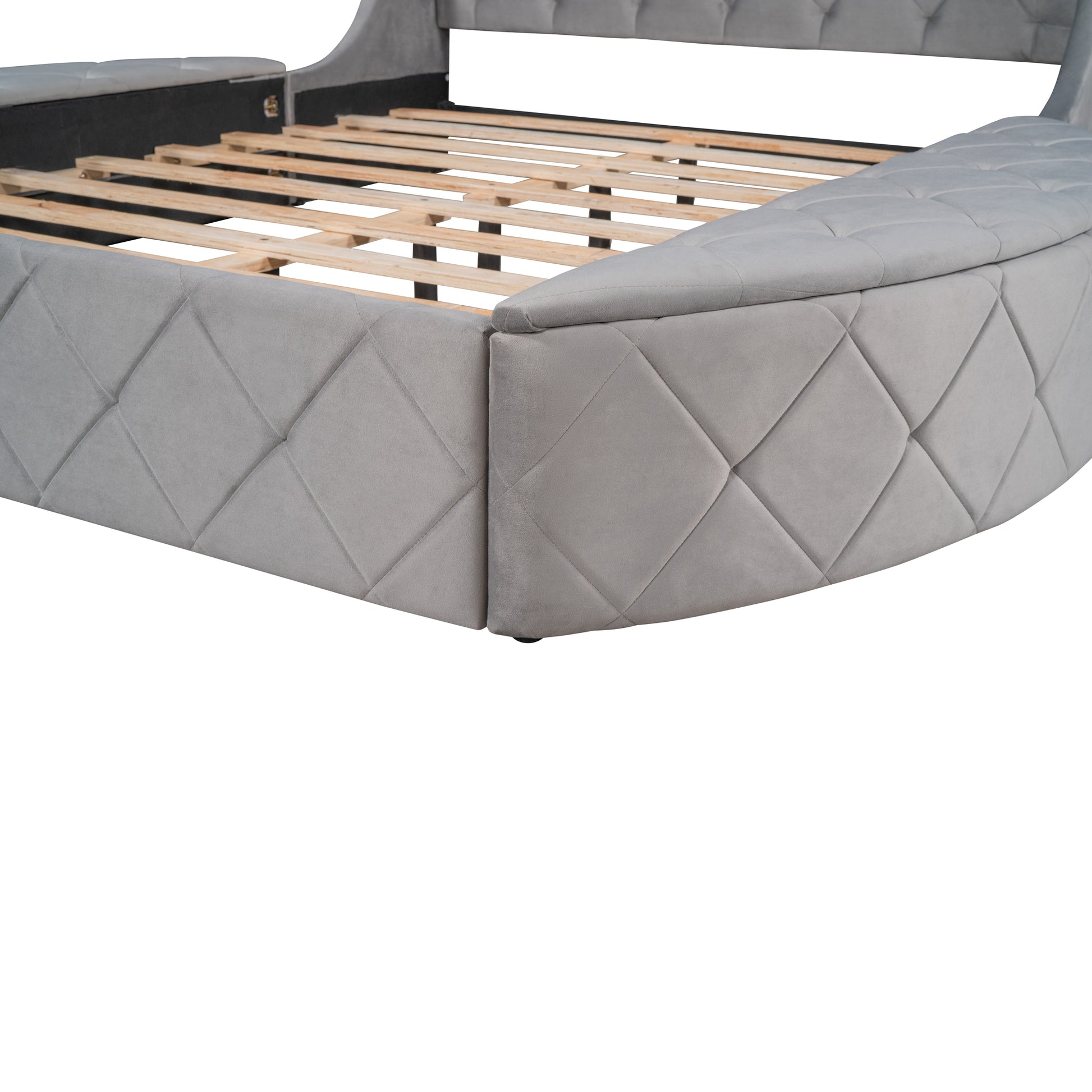 Upholstered Platform Bed Queen Size Storage Velvet Bed With Wingback Headboard And 1 Big Drawer,2 Side Storage Stool Gray Gray Upholstered