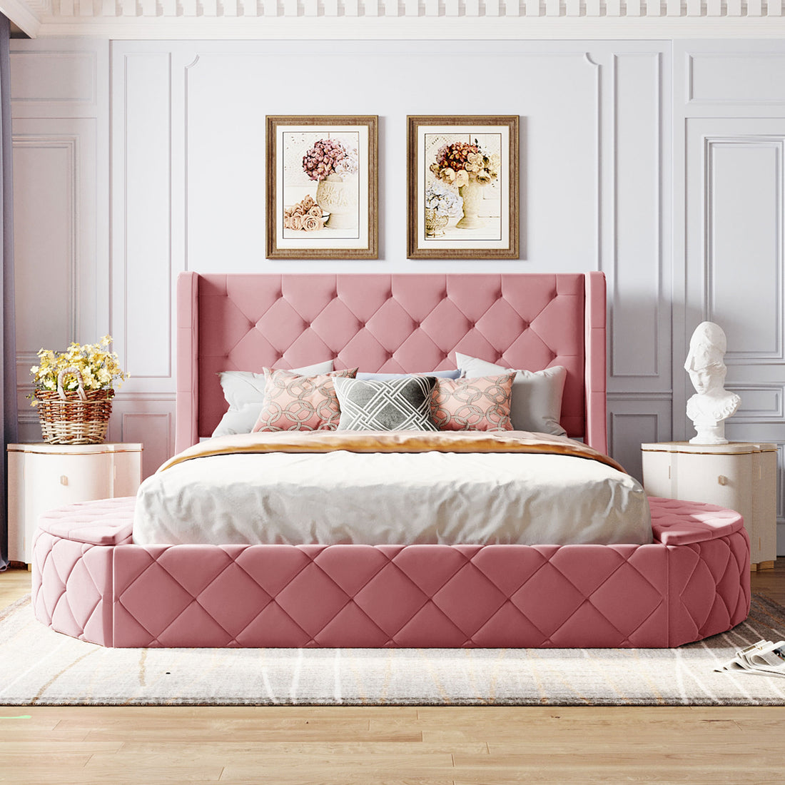 Upholstered Platform Bed Queen Size Storage Velvet Bed With Wingback Headboard And 1 Big Drawer,2 Side Storage Stool Pink Pink Upholstered