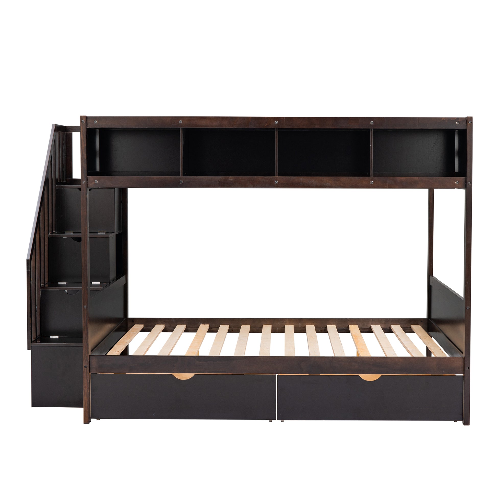 Twin Over Full Bunk Bed With Shelfs, Storage Staircase And 2 Drawers, Espresso Espresso Solid Wood Mdf