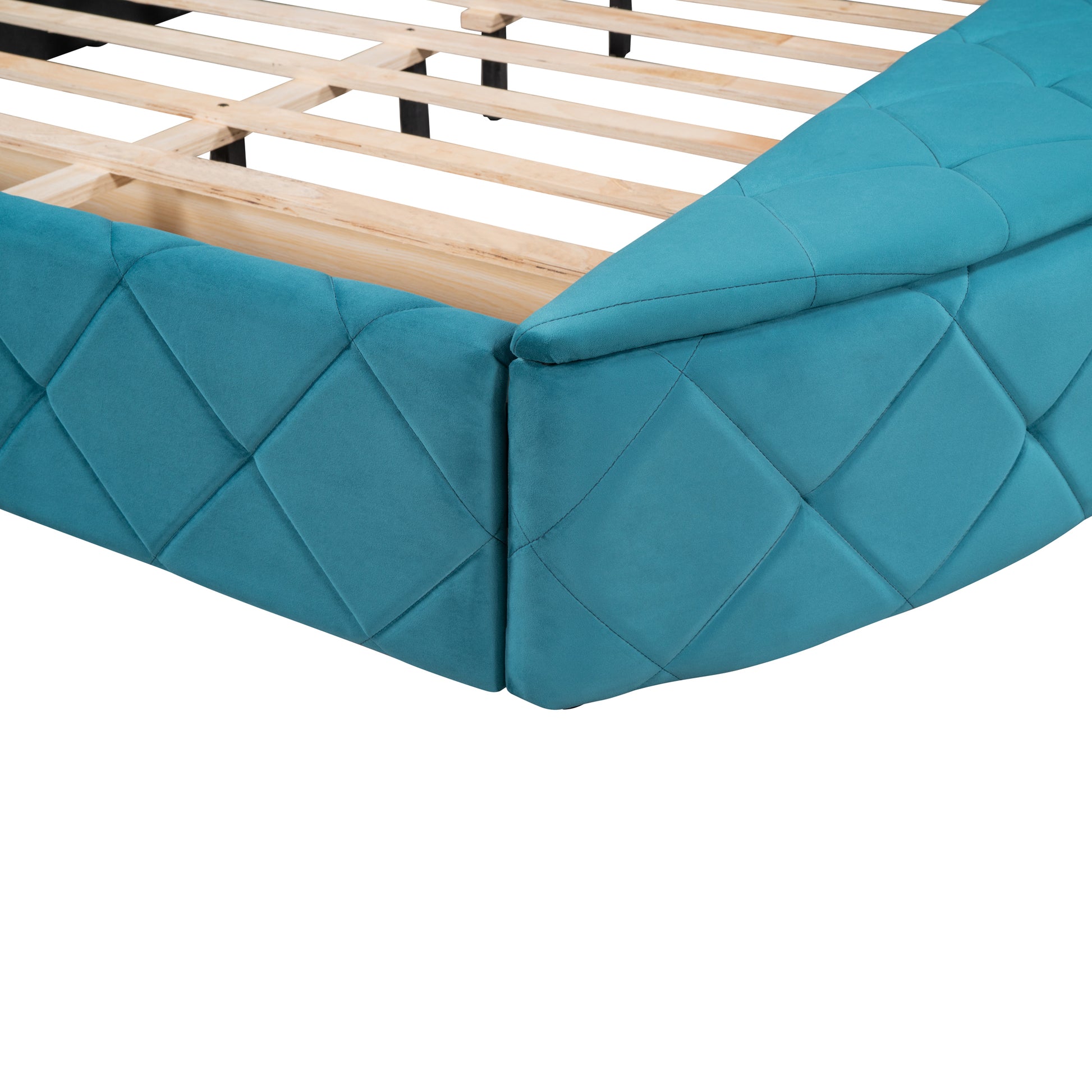 Upholstered Platform Bed Queen Size Storage Velvet Bed With Wingback Headboard And 1 Big Drawer,2 Side Storage Stool Blue Blue Upholstered