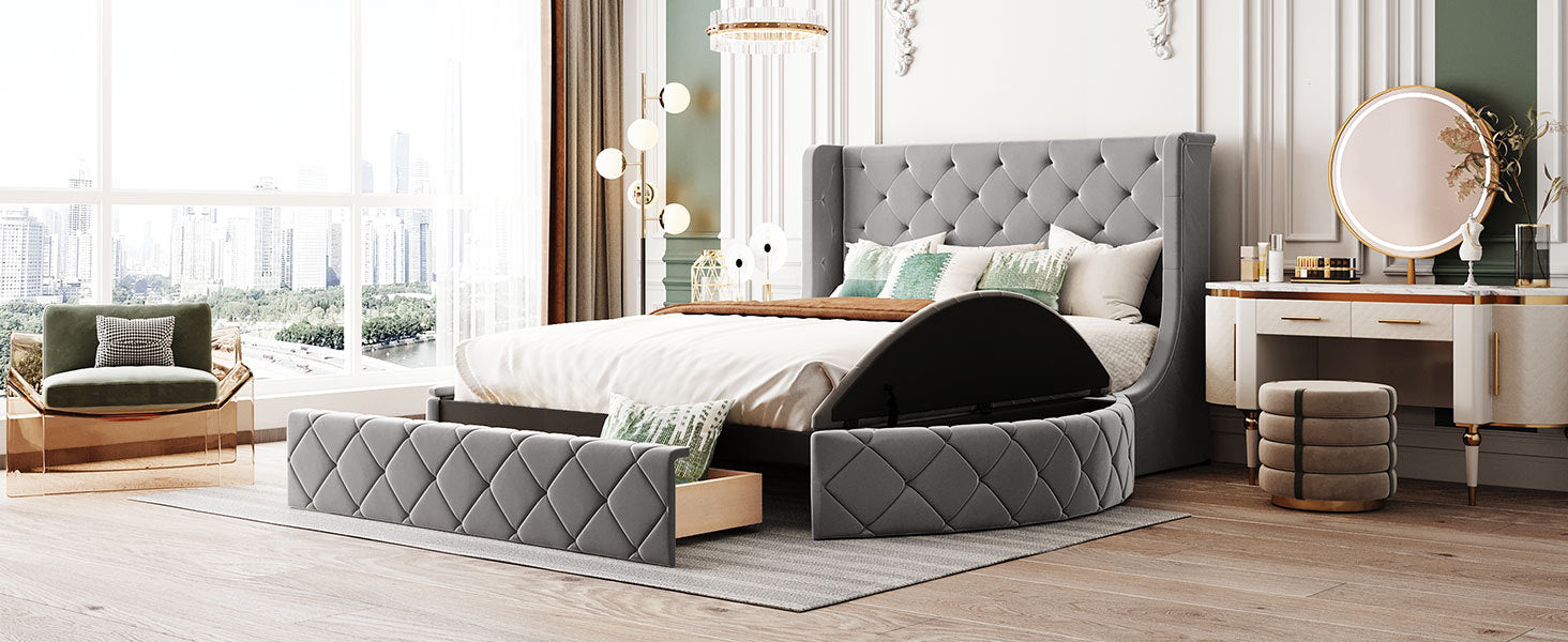 Upholstered Platform Bed Queen Size Storage Velvet Bed With Wingback Headboard And 1 Big Drawer,2 Side Storage Stool Gray Gray Upholstered