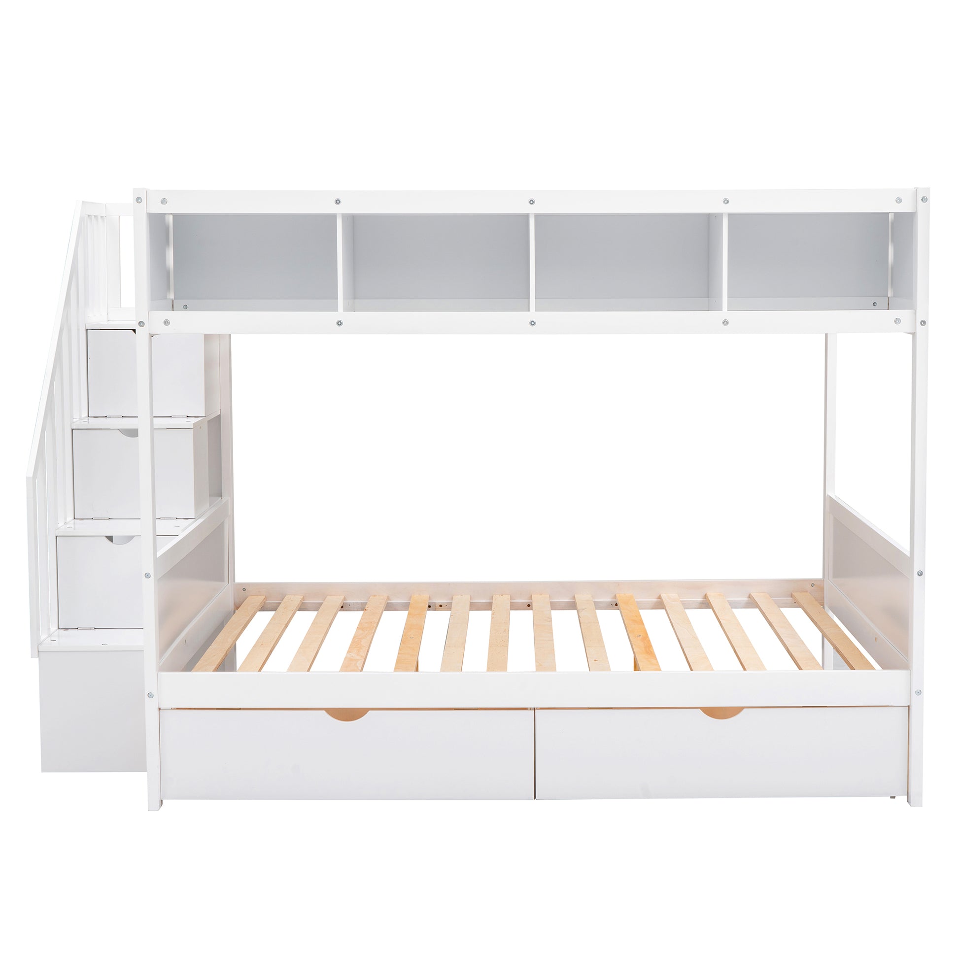 Twin Over Full Bunk Bed With Shelfs, Storage Staircase And 2 Drawers, White White Solid Wood Mdf