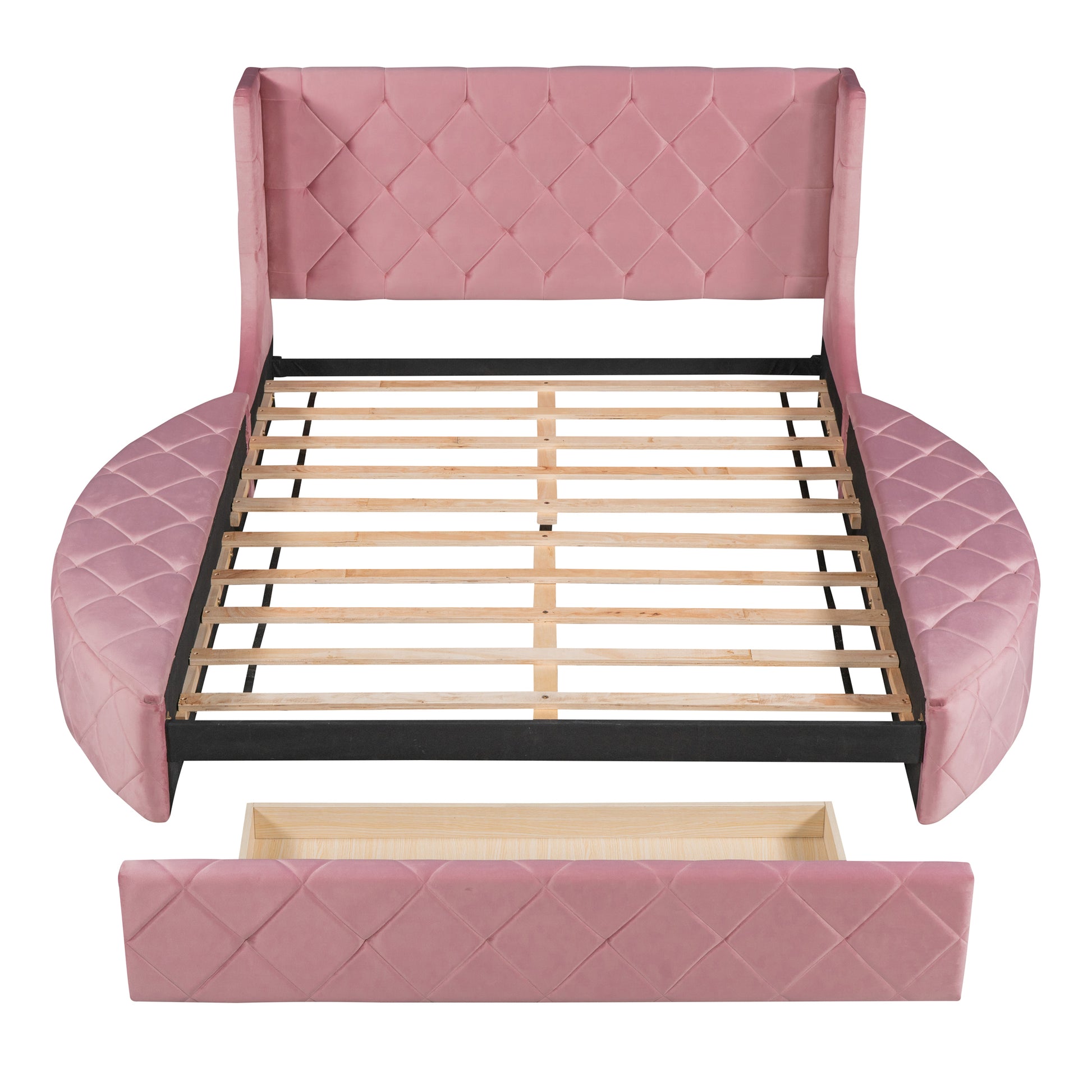 Upholstered Platform Bed Queen Size Storage Velvet Bed With Wingback Headboard And 1 Big Drawer,2 Side Storage Stool Pink Pink Upholstered