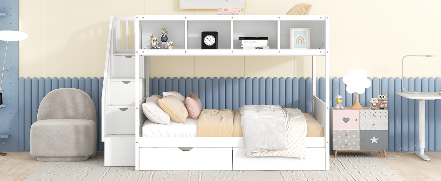 Twin Over Full Bunk Bed With Shelfs, Storage Staircase And 2 Drawers, White White Solid Wood Mdf