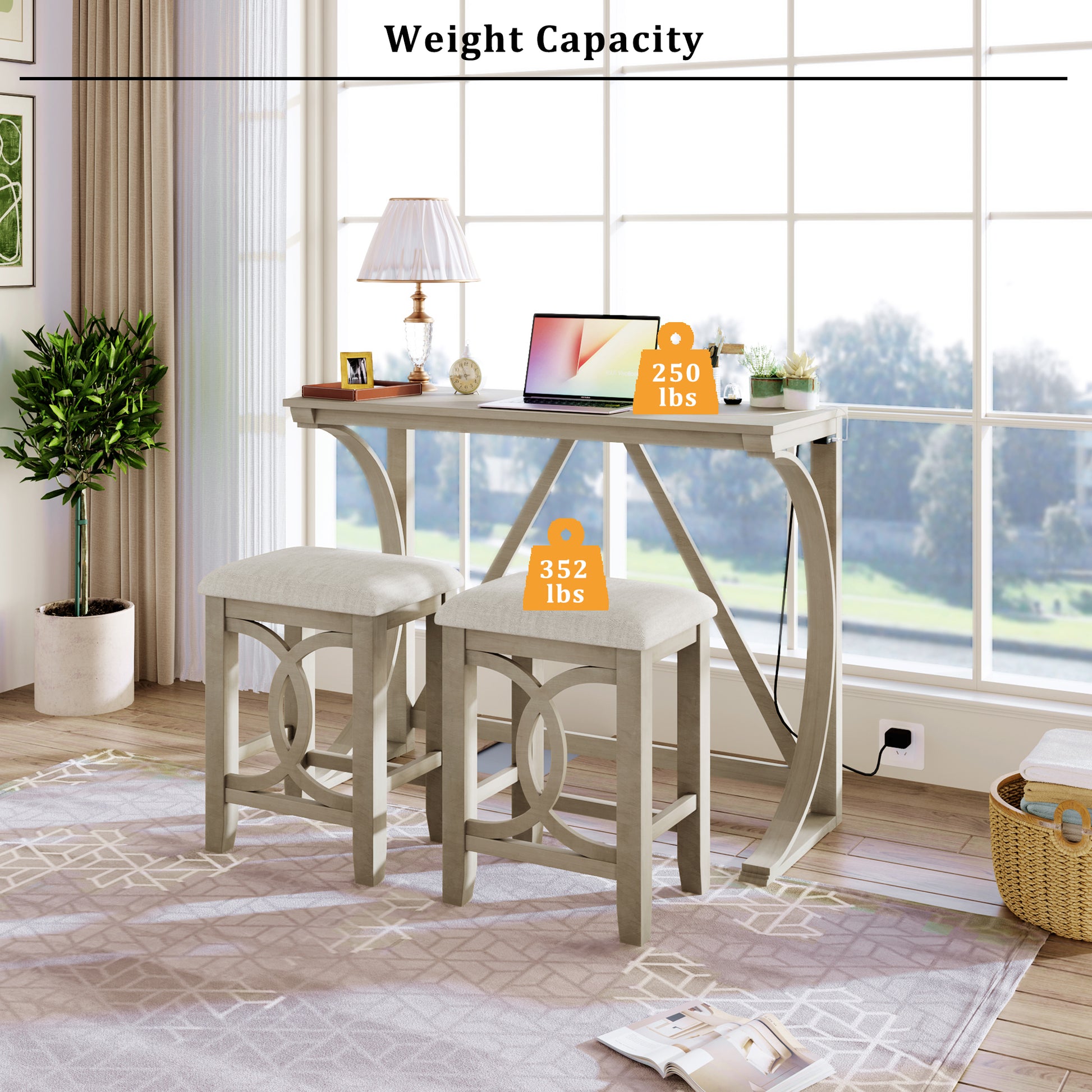 Farmhouse 3 Piece Counter Height Dining Table Set With Usb Port And Upholstered Stools,Cream Wood Wood Cream Seats 2 Wood Dining Room Solid Wood Farmhouse Rubberwood Trestle Rectangular Foam Solid Wood