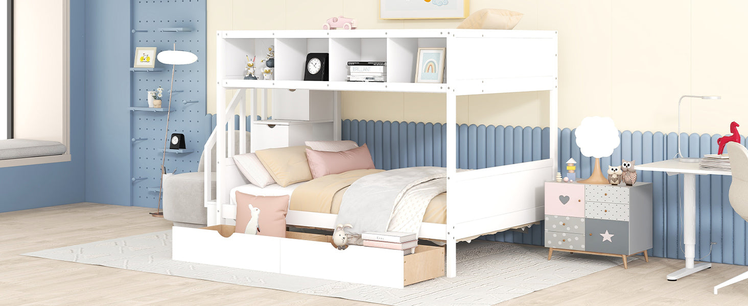 Twin Over Full Bunk Bed With Shelfs, Storage Staircase And 2 Drawers, White White Solid Wood Mdf