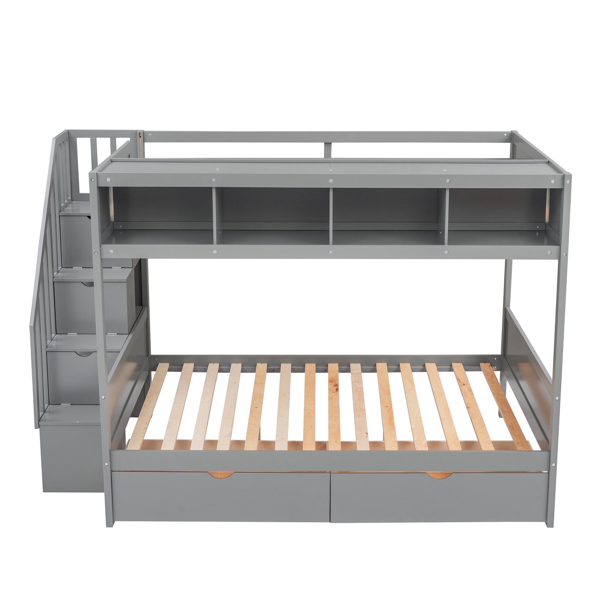 Twin Over Full Bunk Bed With Shelfs, Storage Staircase And 2 Drawers, Gray Gray Solid Wood Mdf