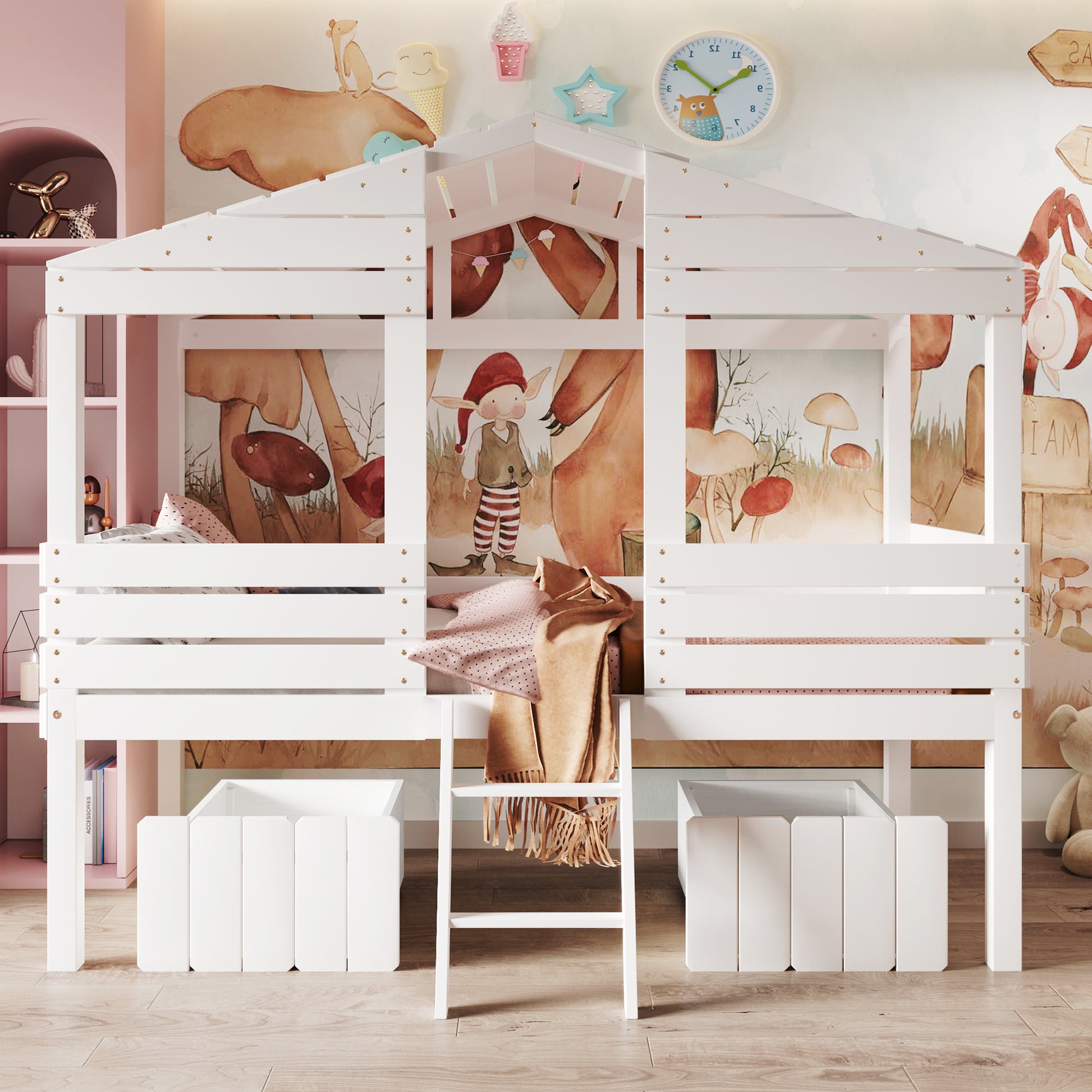 Twin Size Low Loft Wood House Bed With Two Drawers, White White Solid Wood