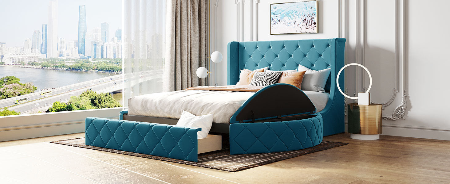 Upholstered Platform Bed Queen Size Storage Velvet Bed With Wingback Headboard And 1 Big Drawer,2 Side Storage Stool Blue Blue Upholstered