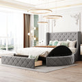 Upholstered Platform Bed Queen Size Storage Velvet Bed With Wingback Headboard And 1 Big Drawer,2 Side Storage Stool Gray Gray Upholstered