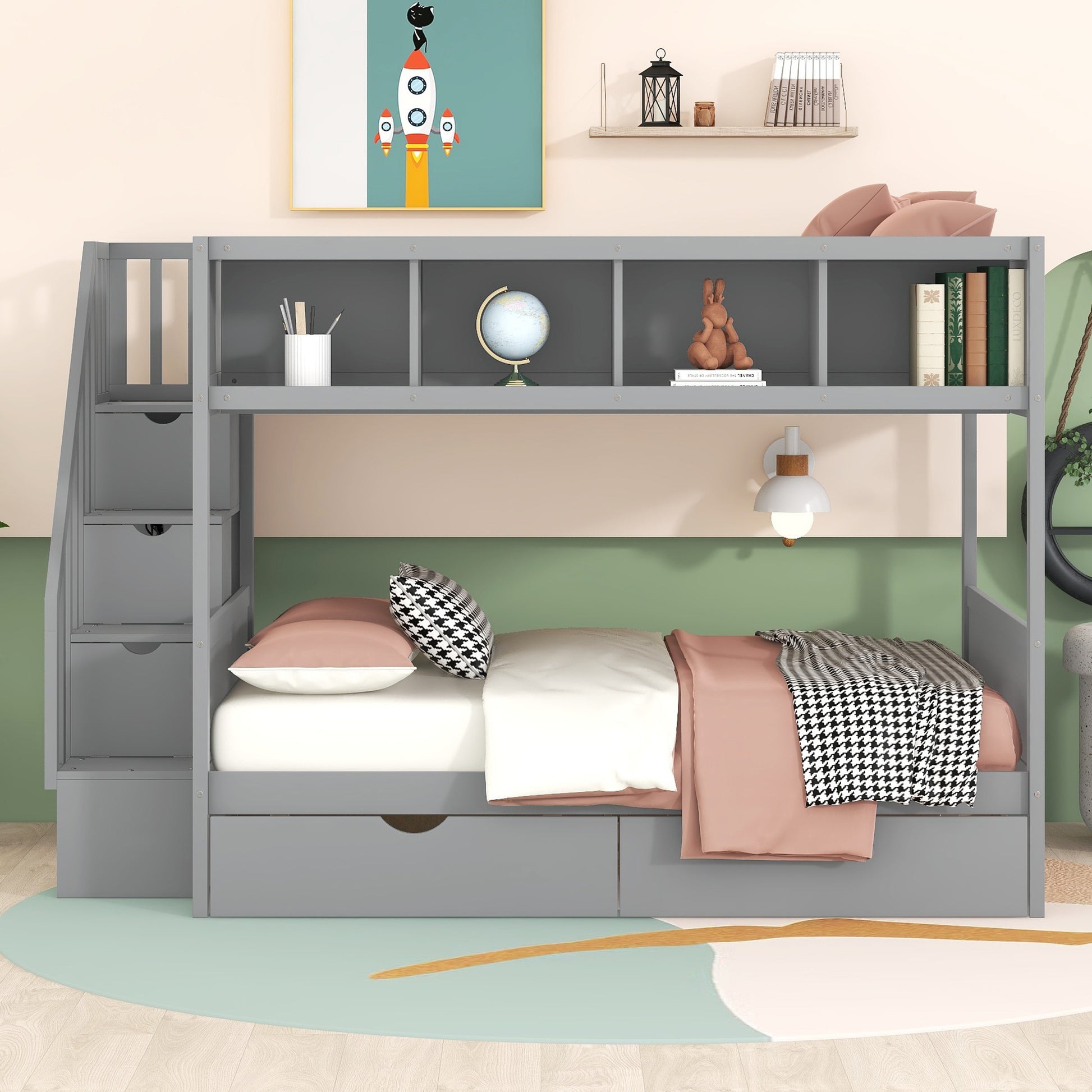 Twin Over Full Bunk Bed With Shelfs, Storage Staircase And 2 Drawers, Gray Gray Solid Wood Mdf