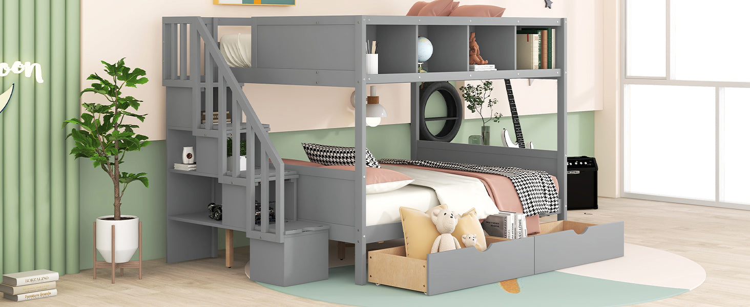 Twin Over Full Bunk Bed With Shelfs, Storage Staircase And 2 Drawers, Gray Gray Solid Wood Mdf