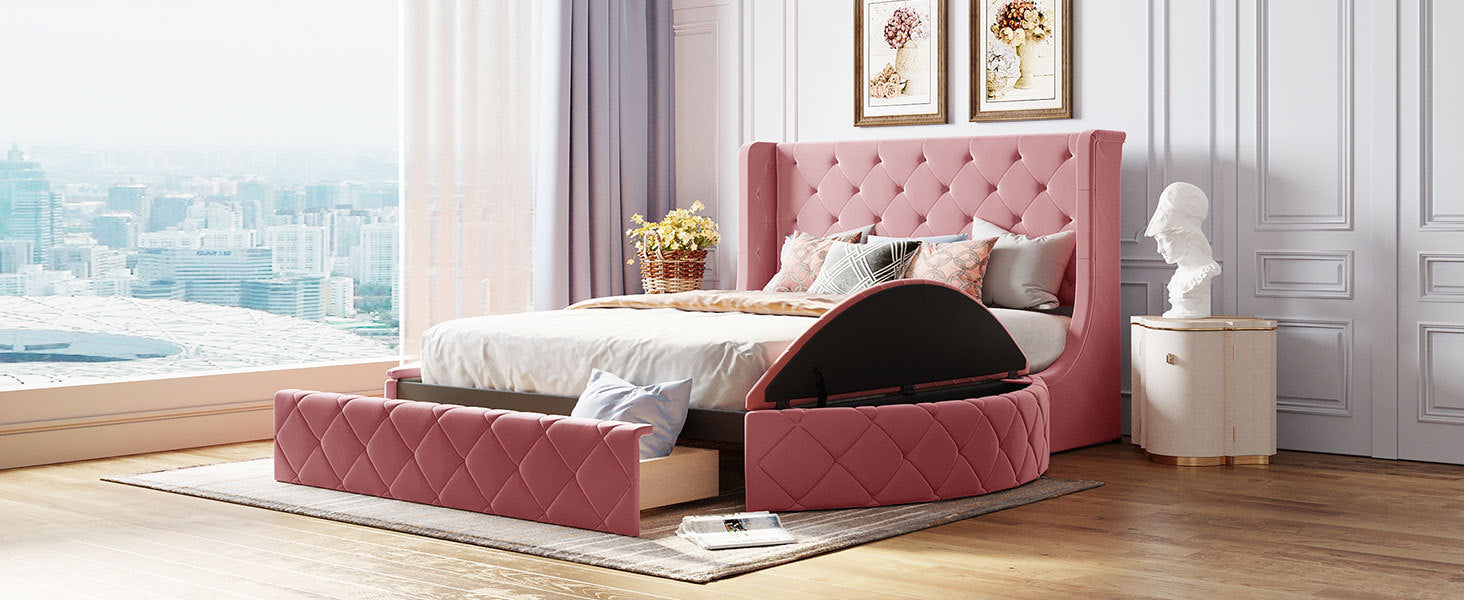 Upholstered Platform Bed Queen Size Storage Velvet Bed With Wingback Headboard And 1 Big Drawer,2 Side Storage Stool Pink Pink Upholstered