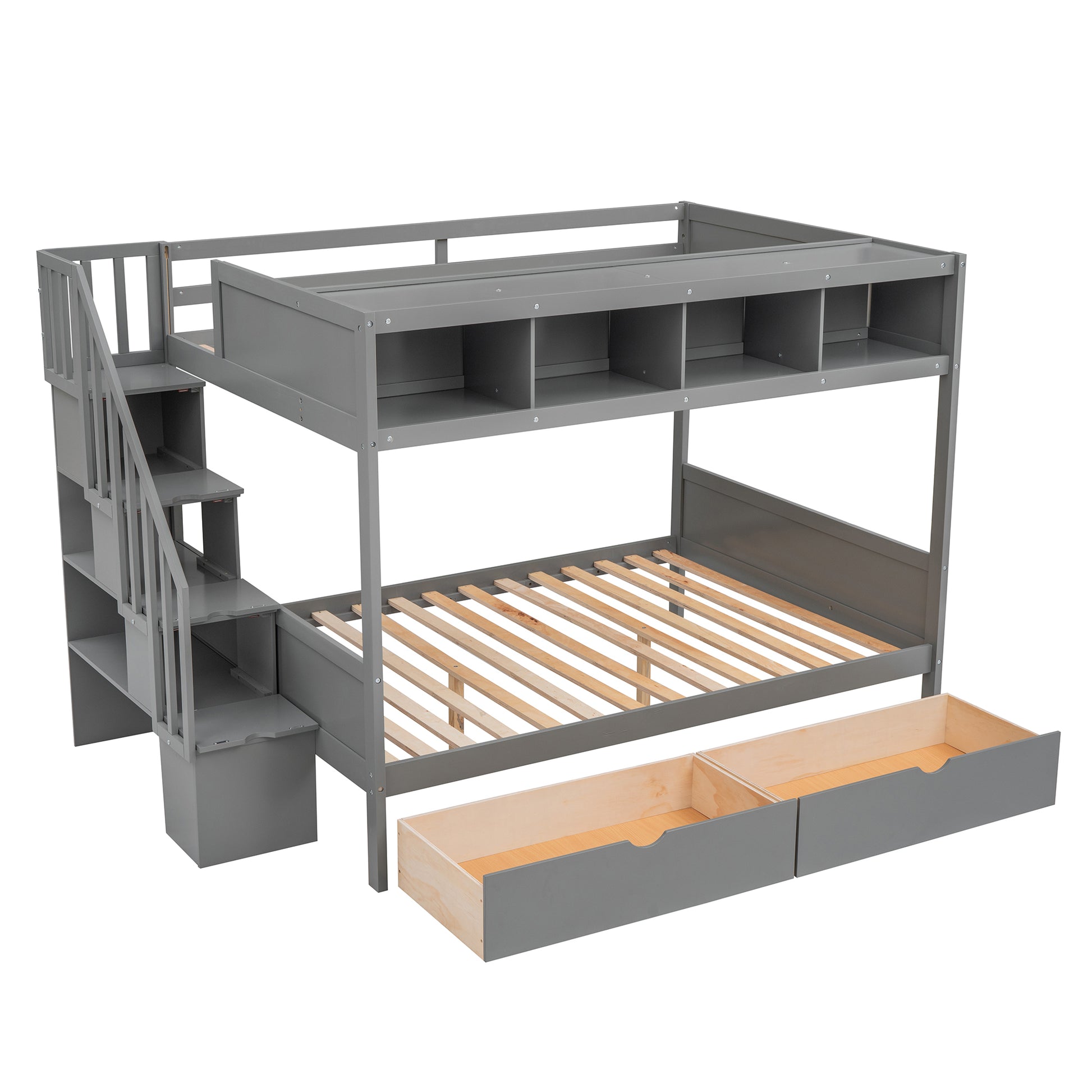 Twin Over Full Bunk Bed With Shelfs, Storage Staircase And 2 Drawers, Gray Gray Solid Wood Mdf