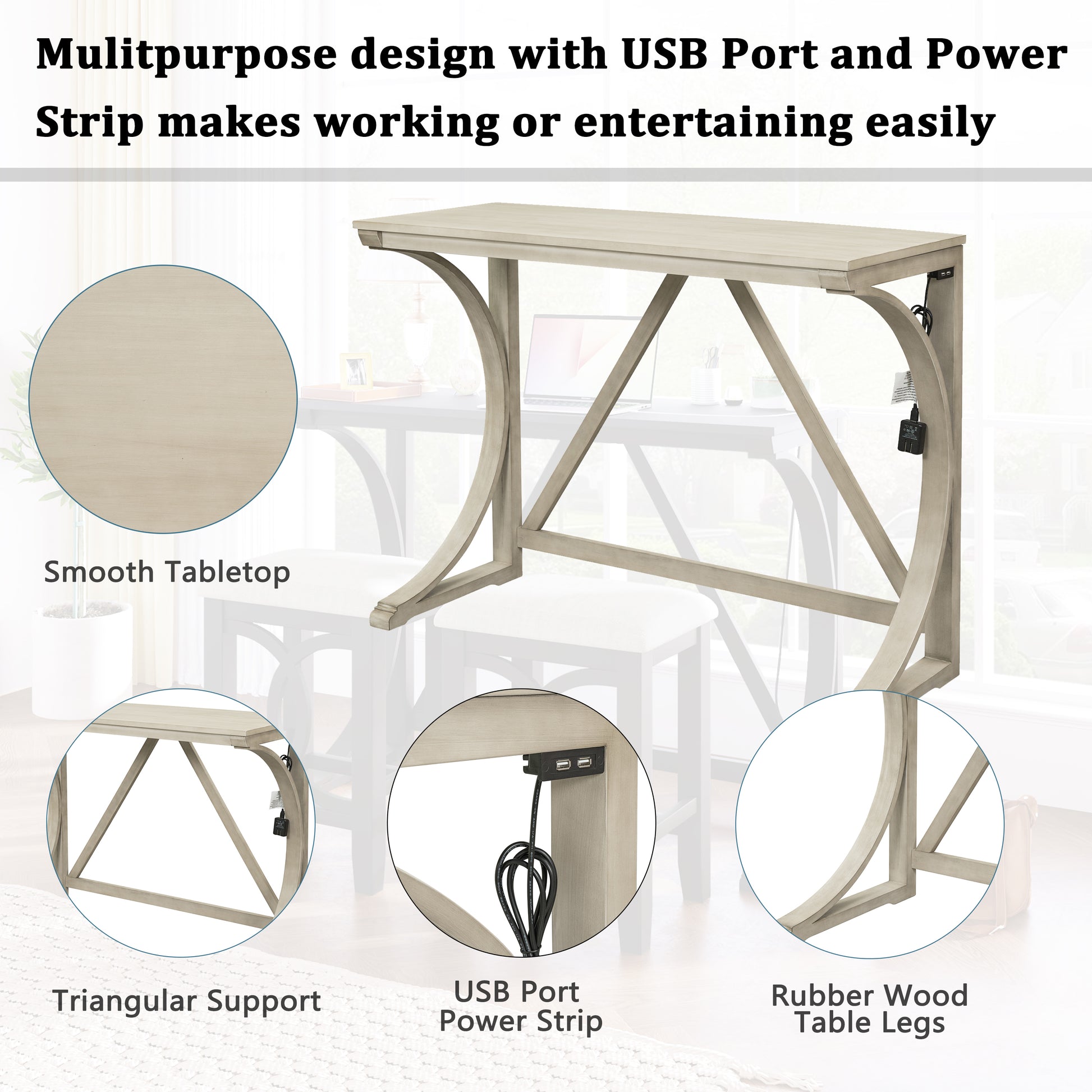 Farmhouse 3 Piece Counter Height Dining Table Set With Usb Port And Upholstered Stools,Cream Wood Wood Cream Seats 2 Wood Dining Room Solid Wood Farmhouse Rubberwood Trestle Rectangular Foam Solid Wood