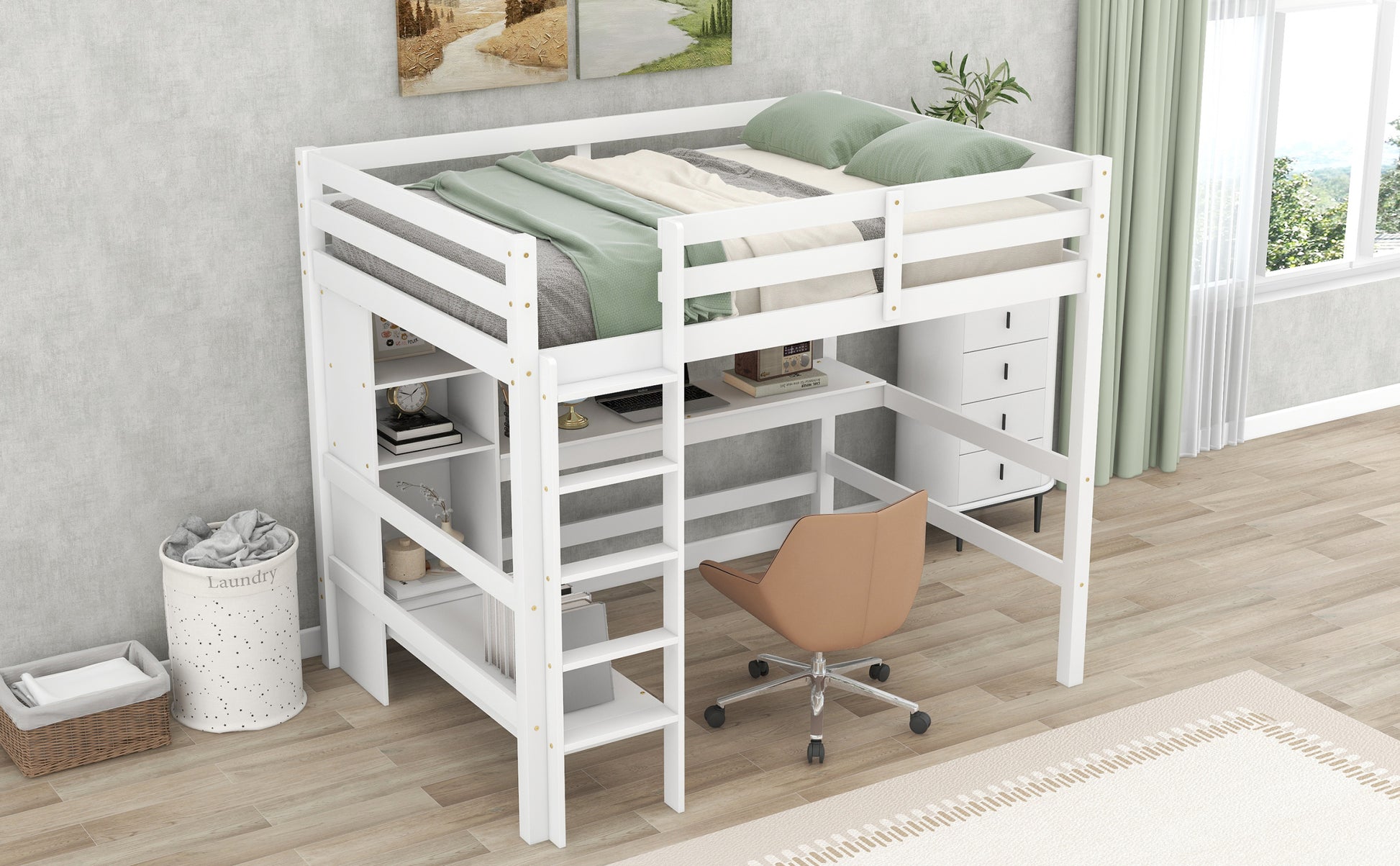 Full Size Loft Bed With Multifunction Shelves And Under Bed Desk, White White Pine