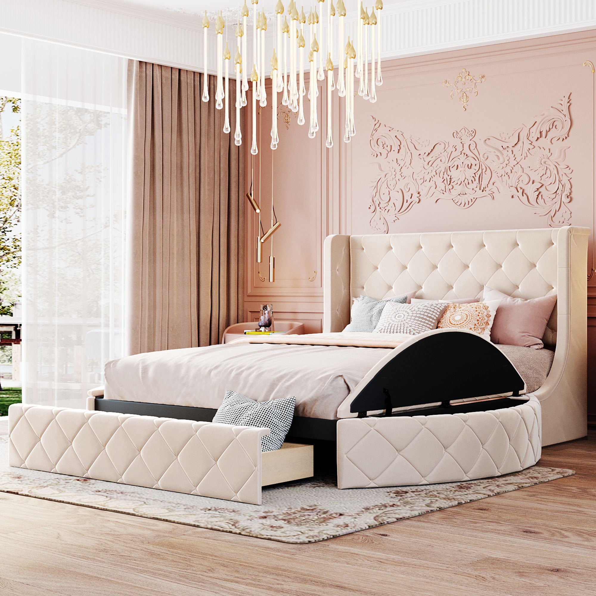 Upholstered Platform Bed Queen Size Storage Velvet Bed With Wingback Headboard And 1 Big Drawer,2 Side Storage Stool Beige Beige Upholstered