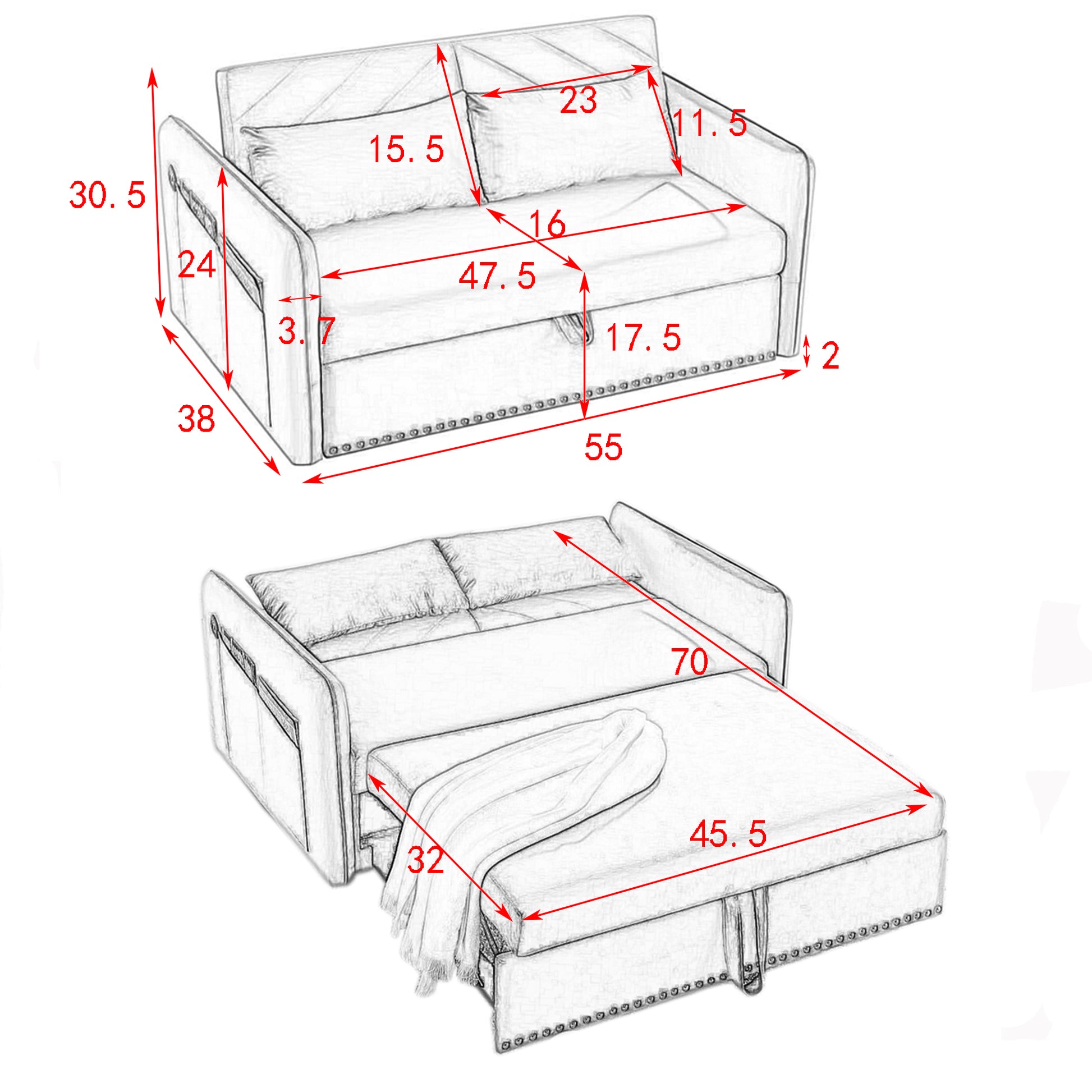 Mh" Sleeper Sofa Bed W Usb Port, 3 In 1 Adjustable Sleeper With Pull Out Bed, 2 Lumbar Pillows And Side Pocket, Soft Velvet Convertible Sleeper Sofa Bed, Suitable For Living Room Bedroom Grey Foam Velvet