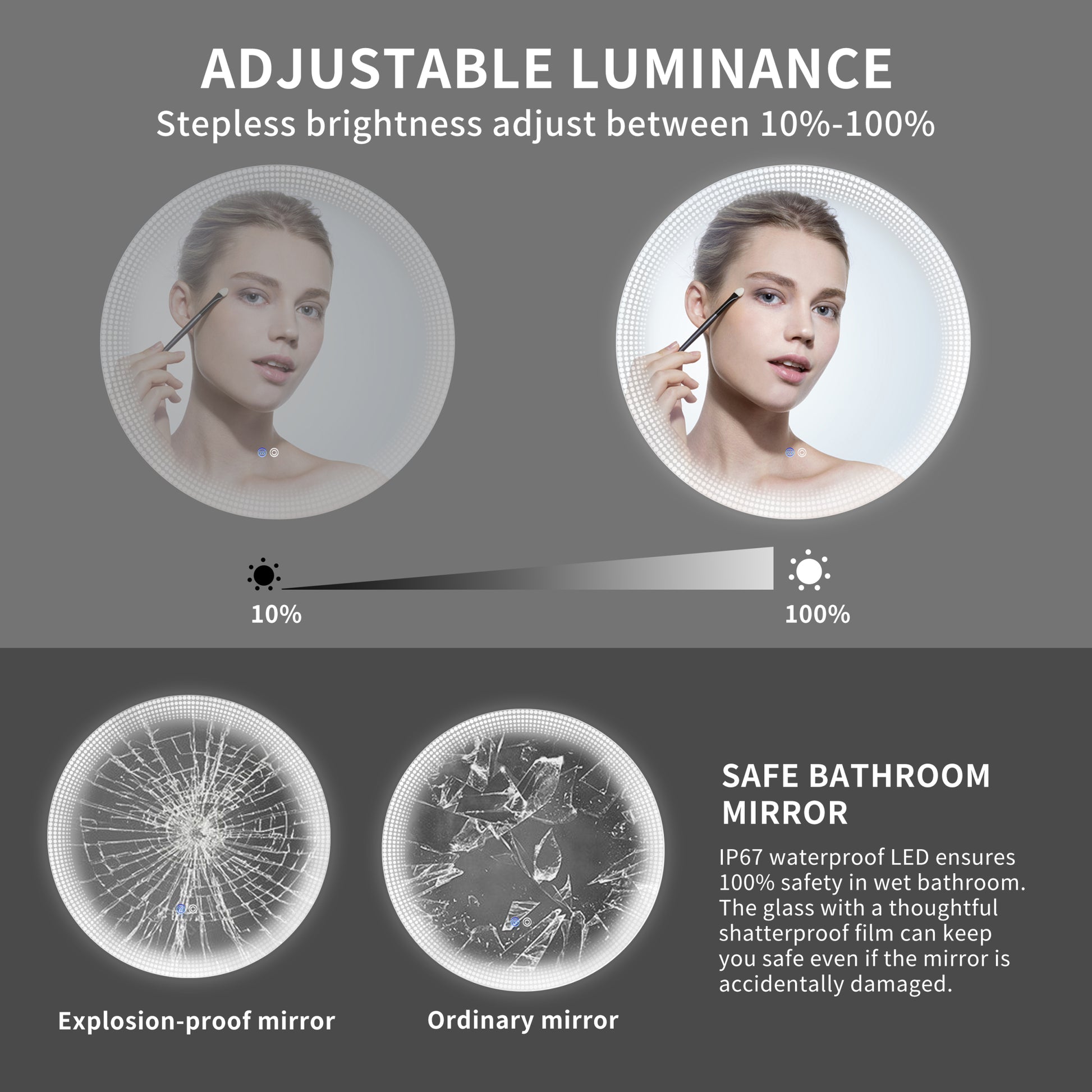 24 Inch Switch Held Memory Led Mirror, Wall Mounted Vanity Mirrors, Bathroom Anti Fog Mirror, Dimmable Bathroom Mirror Silver Glass