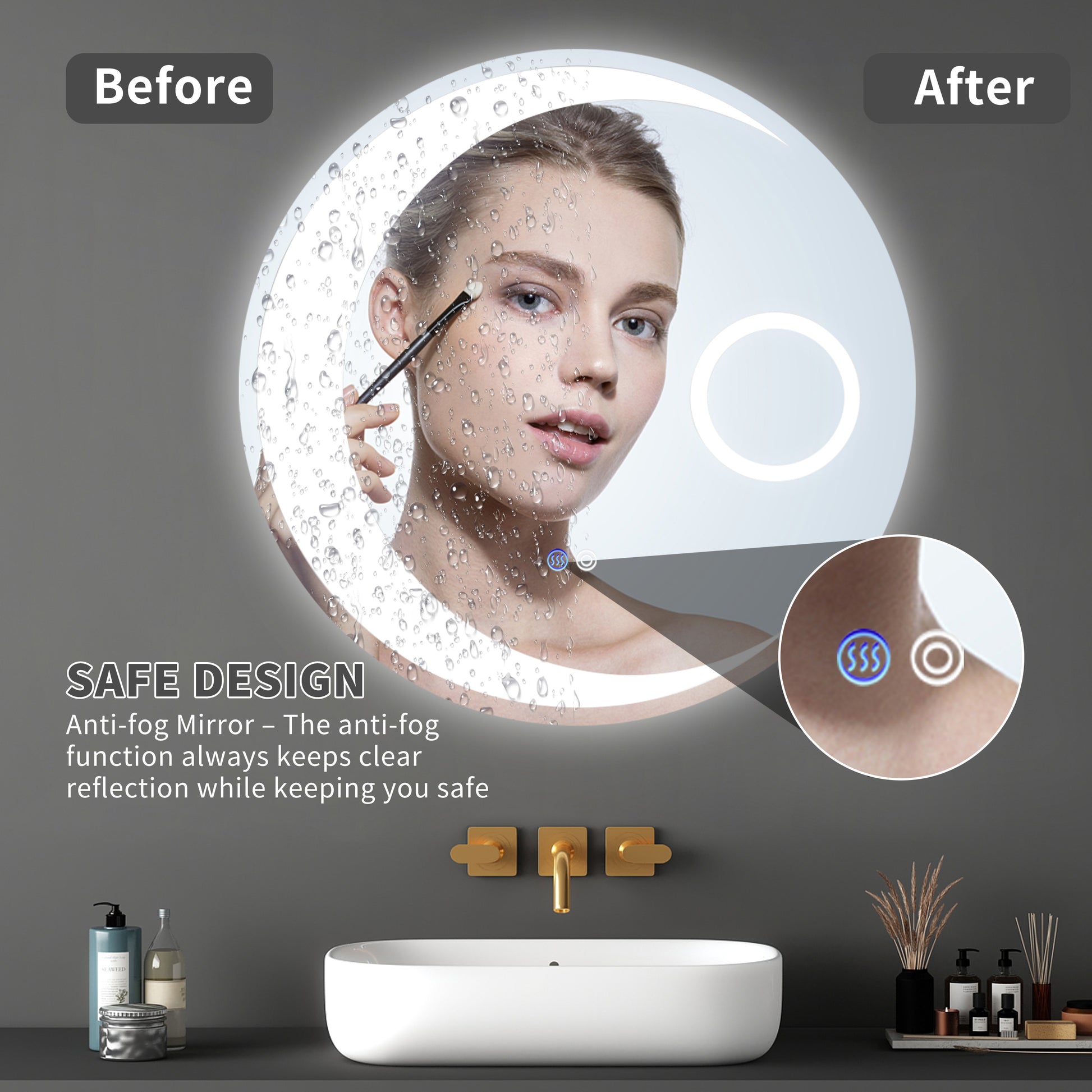 24 Inch Switch Held Memory Led Mirror, Wall Mounted Vanity Mirrors, Bathroom Anti Fog Mirror, Dimmable Bathroom Mirror Silver Glass