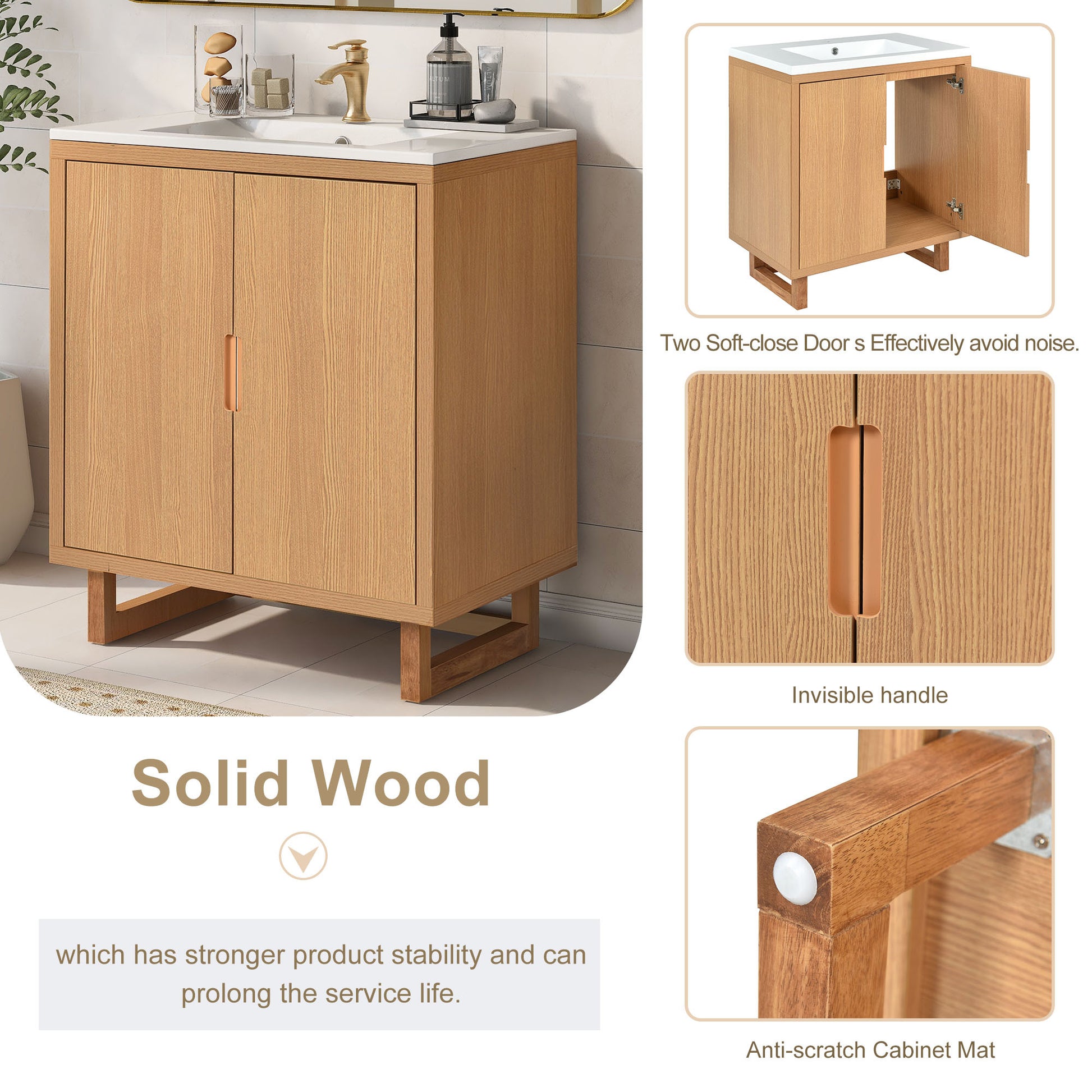 30" Bathroom Vanity Set With Sink, Combo Cabinet, Bathroom Storage Cabinet, Solid Wood Frame Burly Wood Solid Wood Mdf