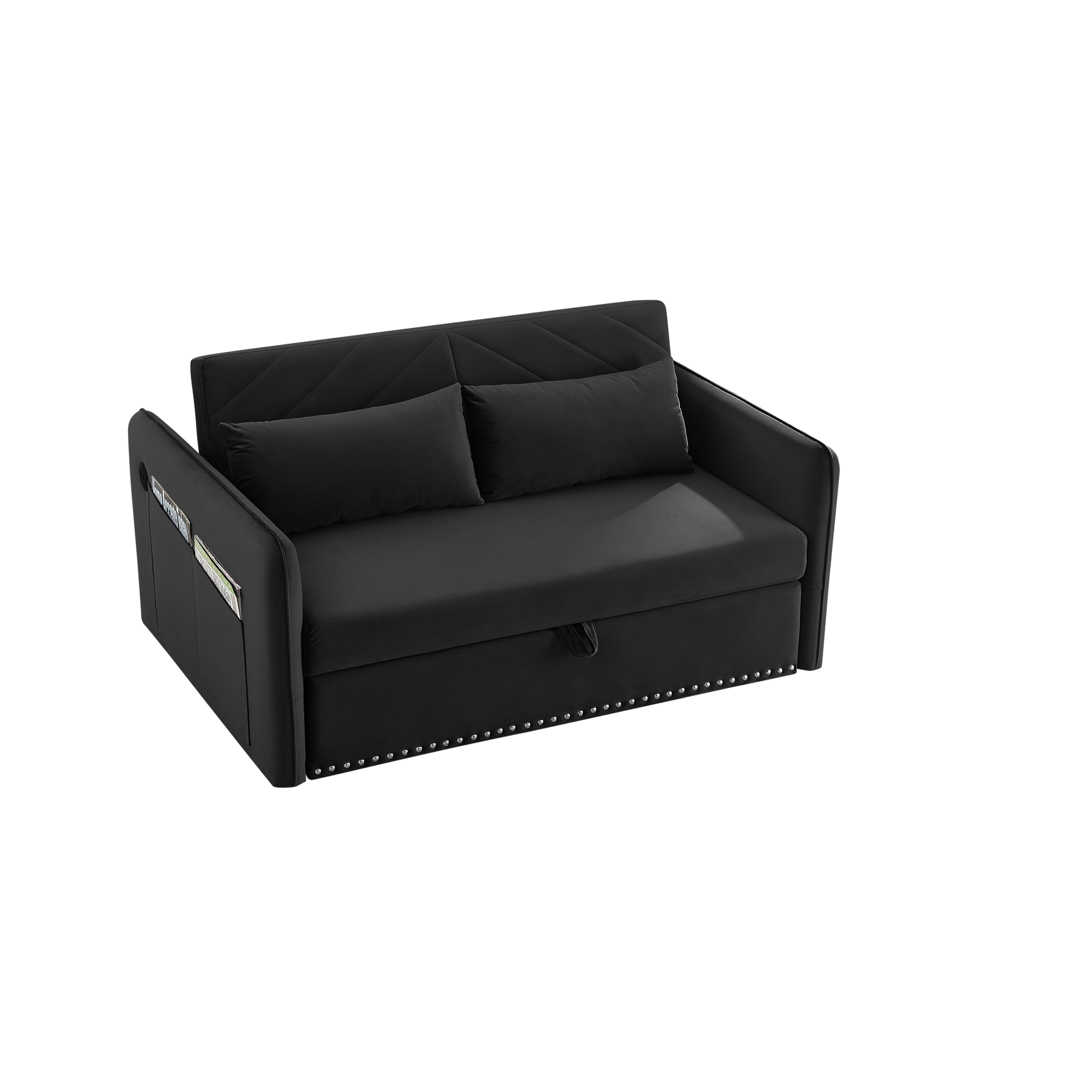 Mh" Sleeper Sofa Bed W Usb Port, 3 In 1 Adjustable Sleeper With Pull Out Bed, 2 Lumbar Pillows And Side Pocket, Soft Velvet Convertible Sleeper Sofa Bed, Suitable For Living Room Bedroom Black Foam Velvet