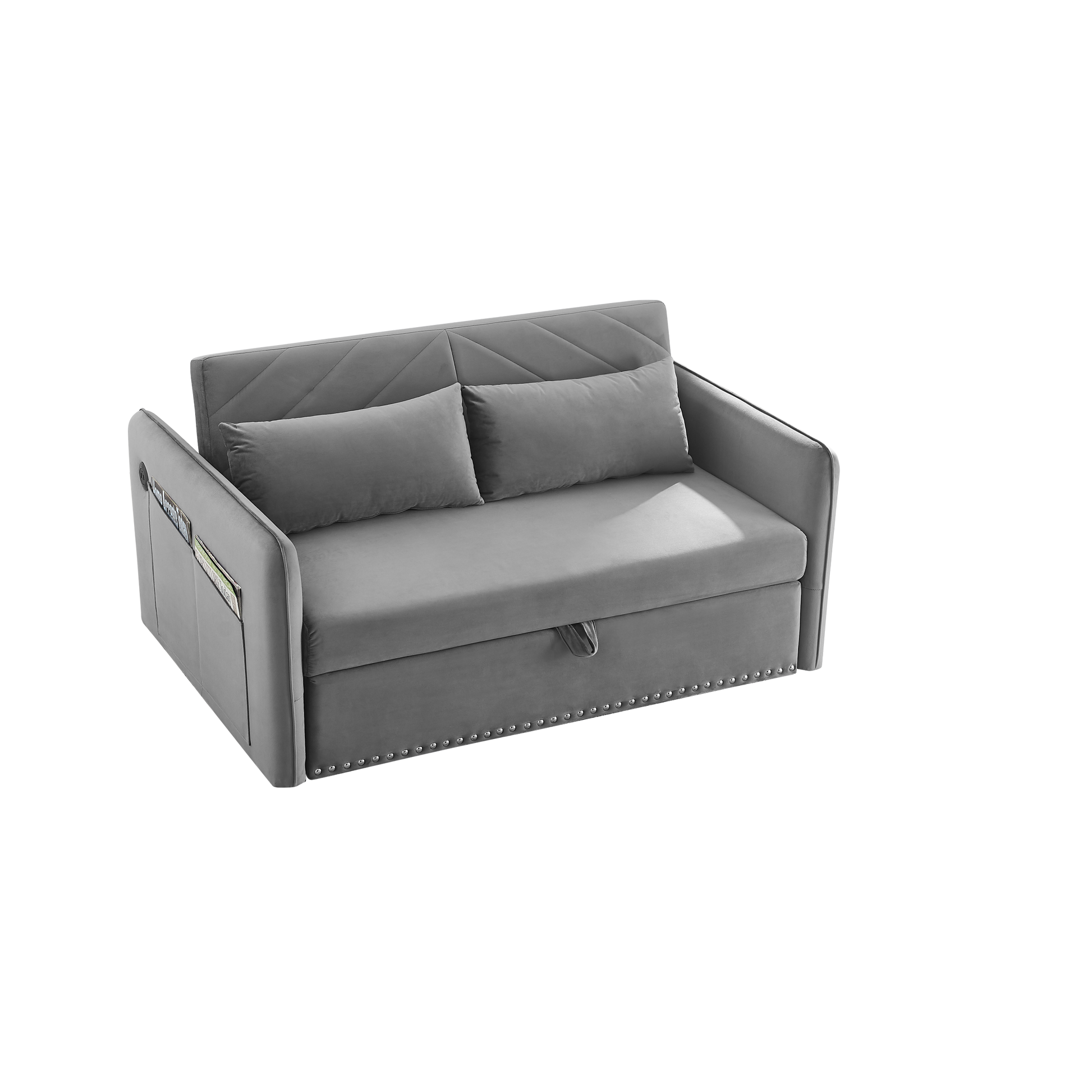 Mh" Sleeper Sofa Bed W Usb Port, 3 In 1 Adjustable Sleeper With Pull Out Bed, 2 Lumbar Pillows And Side Pocket, Soft Velvet Convertible Sleeper Sofa Bed, Suitable For Living Room Bedroom Grey Foam Velvet