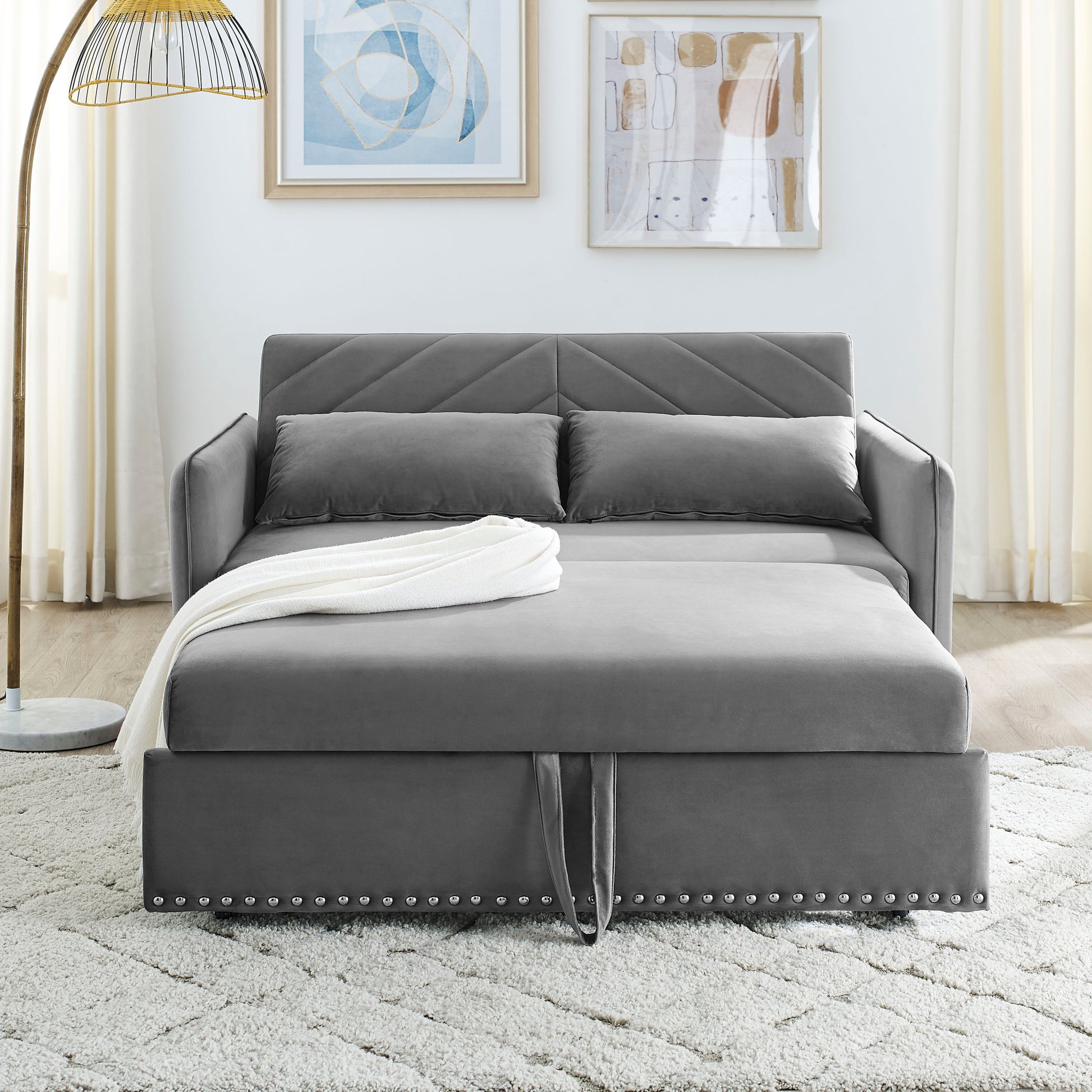 Mh" Sleeper Sofa Bed W Usb Port, 3 In 1 Adjustable Sleeper With Pull Out Bed, 2 Lumbar Pillows And Side Pocket, Soft Velvet Convertible Sleeper Sofa Bed, Suitable For Living Room Bedroom Grey Foam Velvet