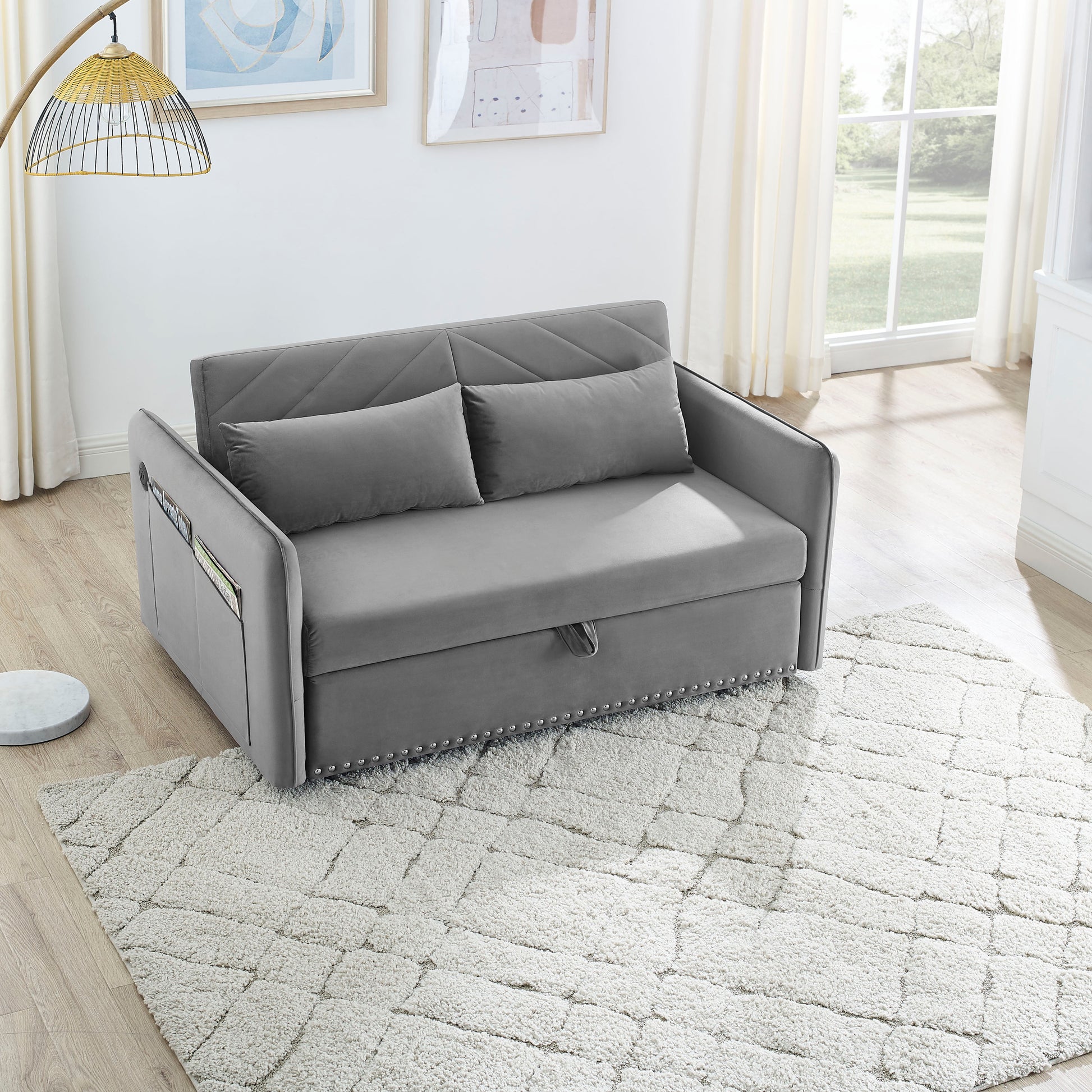 Mh" Sleeper Sofa Bed W Usb Port, 3 In 1 Adjustable Sleeper With Pull Out Bed, 2 Lumbar Pillows And Side Pocket, Soft Velvet Convertible Sleeper Sofa Bed, Suitable For Living Room Bedroom Grey Foam Velvet