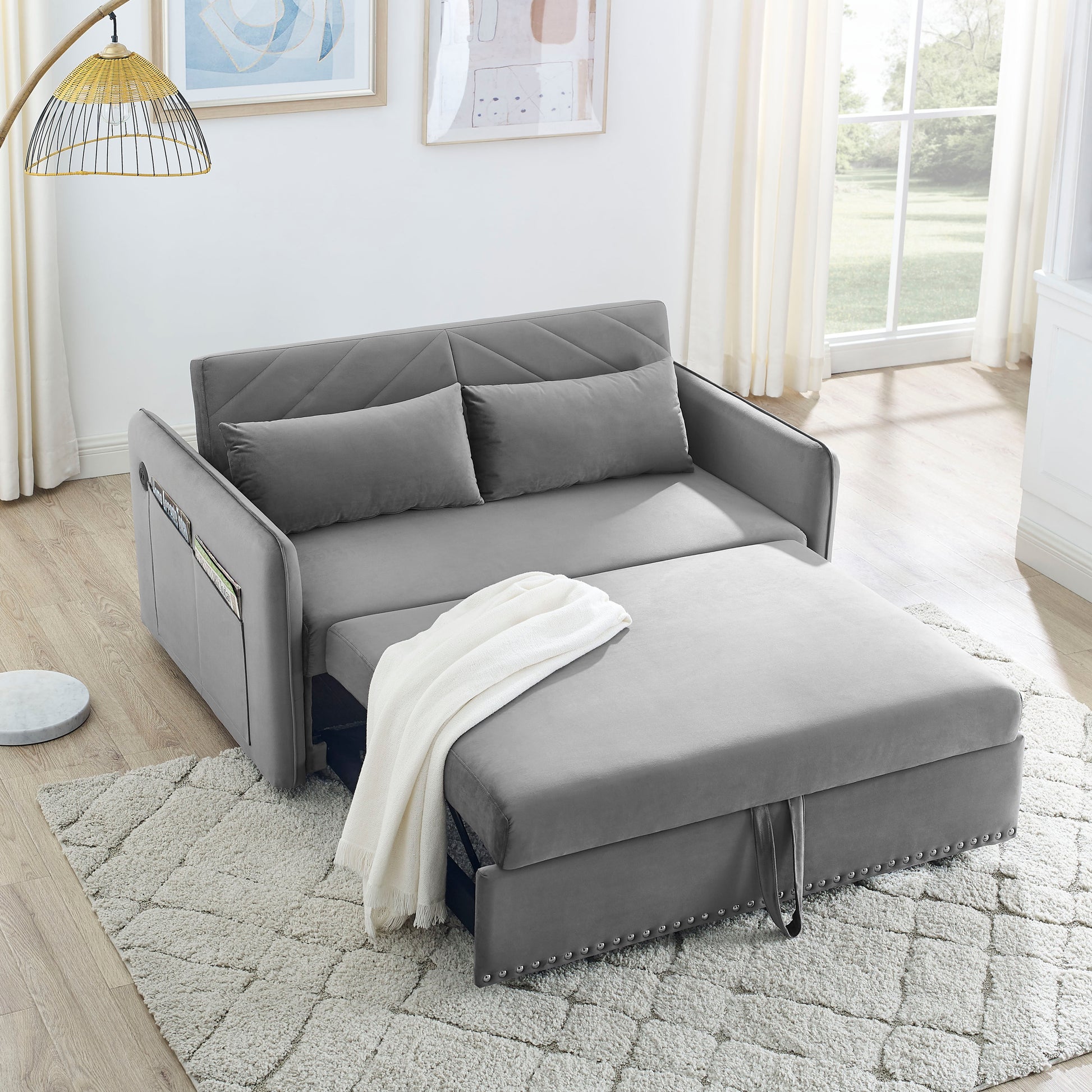 Mh" Sleeper Sofa Bed W Usb Port, 3 In 1 Adjustable Sleeper With Pull Out Bed, 2 Lumbar Pillows And Side Pocket, Soft Velvet Convertible Sleeper Sofa Bed, Suitable For Living Room Bedroom Grey Foam Velvet