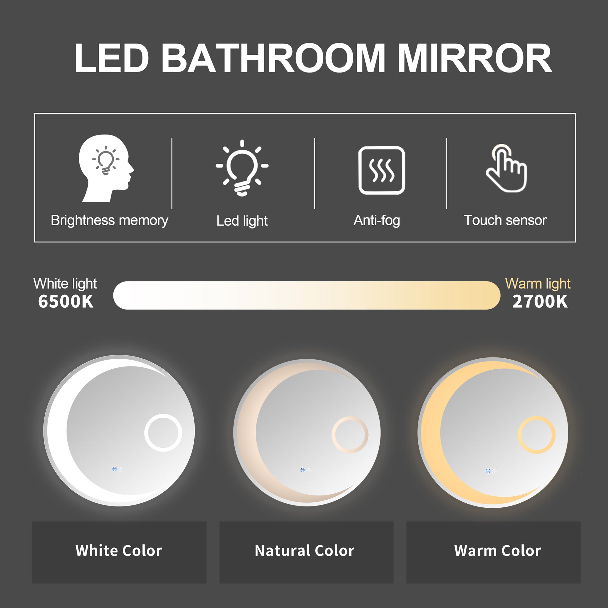24 Inch Switch Held Memory Led Mirror, Wall Mounted Vanity Mirrors, Bathroom Anti Fog Mirror, Dimmable Bathroom Mirror Silver Glass