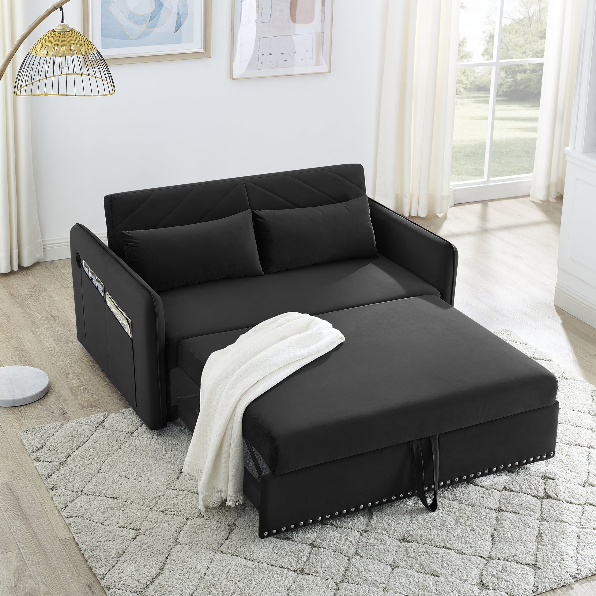 Mh" Sleeper Sofa Bed W Usb Port, 3 In 1 Adjustable Sleeper With Pull Out Bed, 2 Lumbar Pillows And Side Pocket, Soft Velvet Convertible Sleeper Sofa Bed, Suitable For Living Room Bedroom Black Foam Velvet