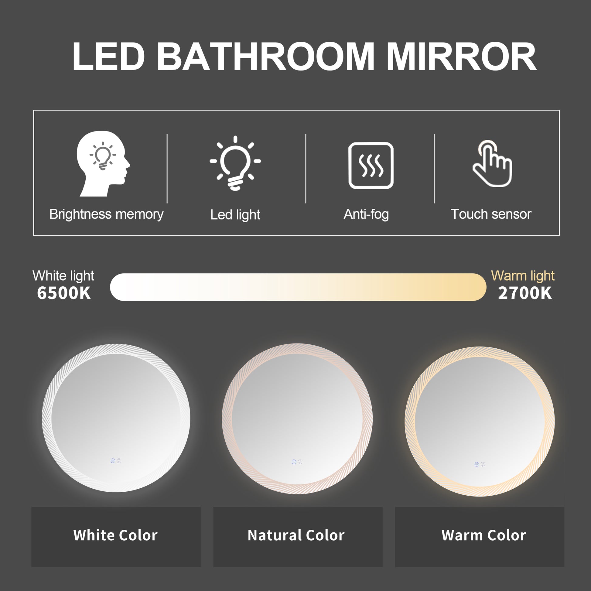 24 Inch Switch Held Memory Led Mirror, Wall Mounted Vanity Mirrors, Bathroom Anti Fog Mirror, Dimmable Bathroom Mirror Silver Glass