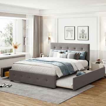 Upholstered Platform Bed With 2 Drawers And 1 Twin Xl Trundle, Linen Fabric, Queen Size Light Gray Old Sku :Lp000314Aan Light Gray Upholstered