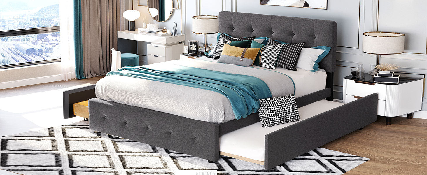 Upholstered Platform Bed With 2 Drawers And 1 Twin Xl Trundle, Linen Fabric, Queen Size Dark Gray Old Sku :Lp000314Aae Dark Gray Upholstered