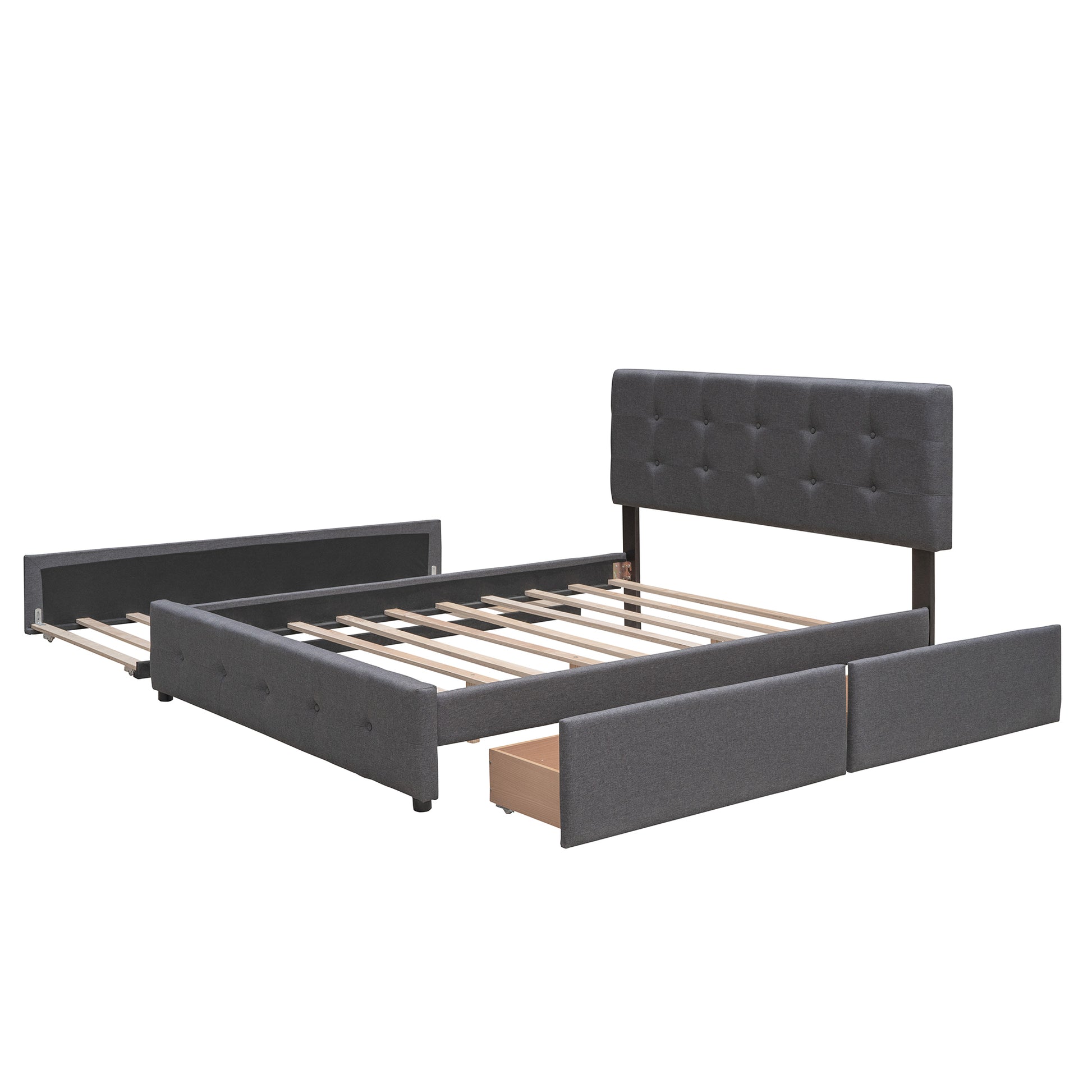 Upholstered Platform Bed With 2 Drawers And 1 Twin Xl Trundle, Linen Fabric, Queen Size Dark Gray Old Sku :Lp000314Aae Dark Gray Upholstered