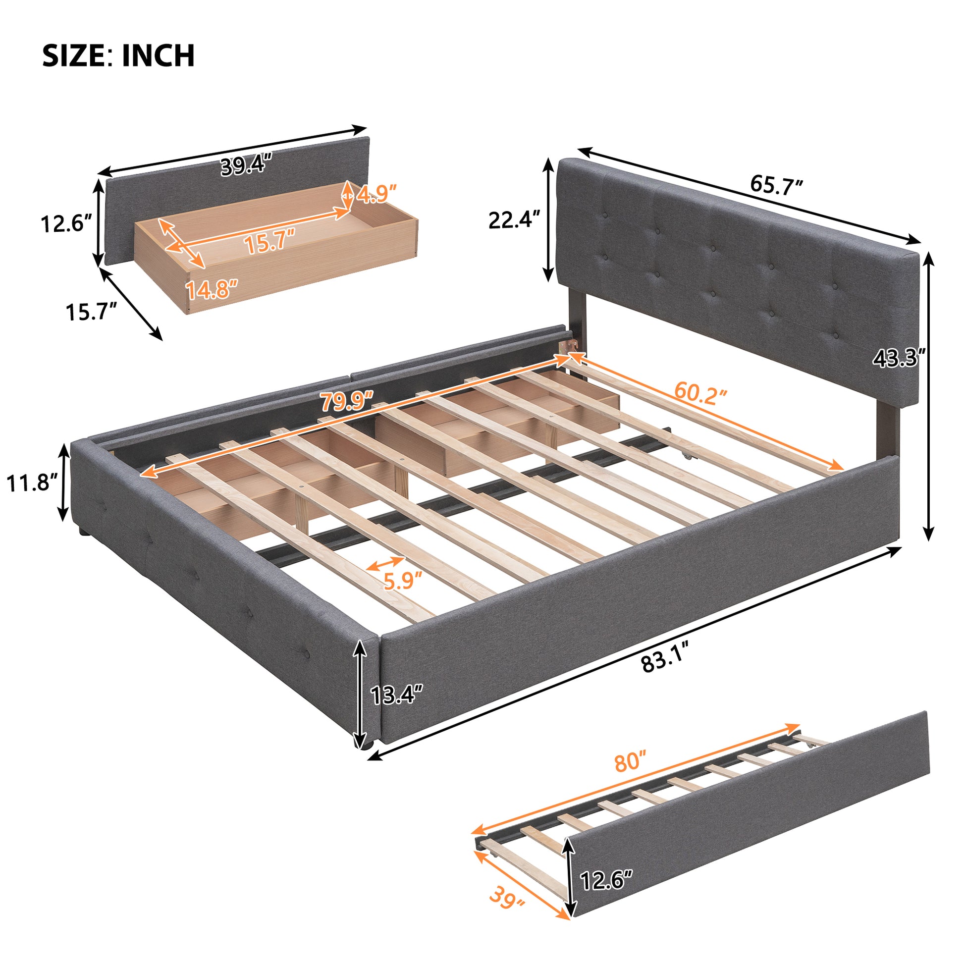 Upholstered Platform Bed With 2 Drawers And 1 Twin Xl Trundle, Linen Fabric, Queen Size Dark Gray Old Sku :Lp000314Aae Dark Gray Upholstered