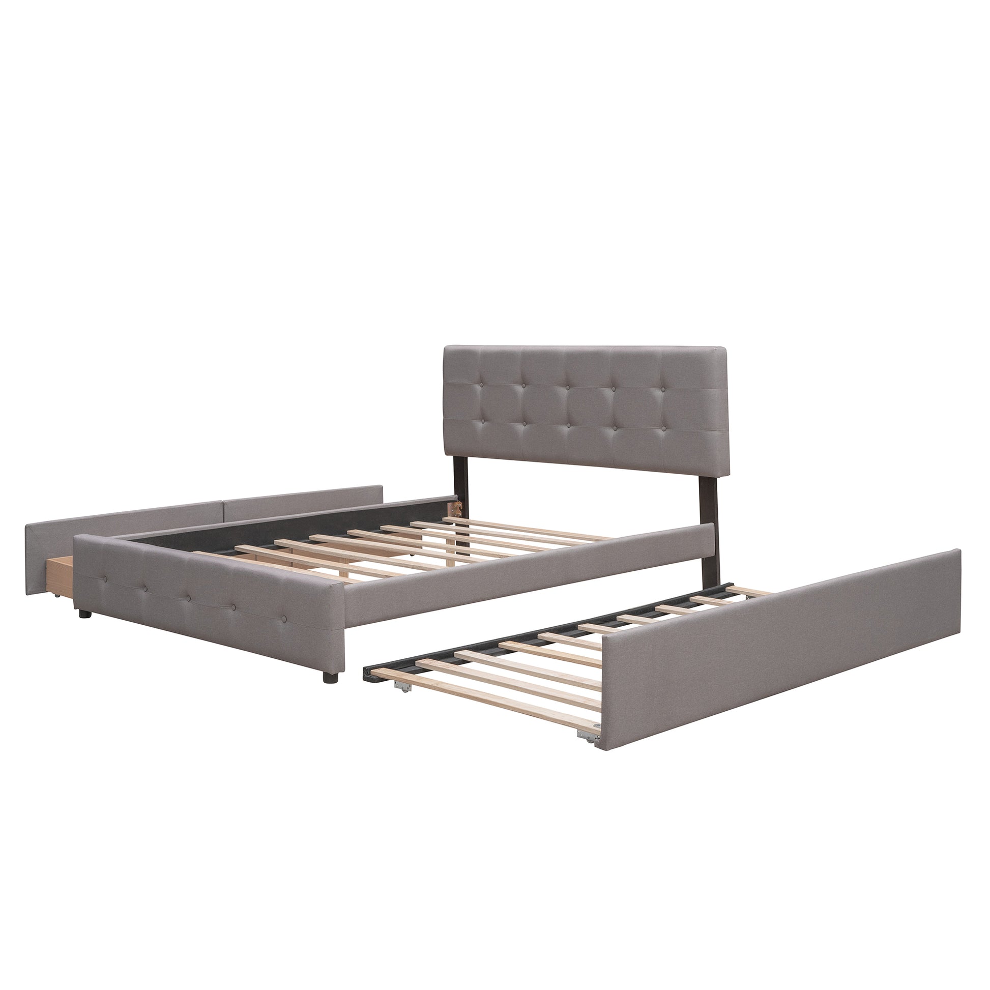 Upholstered Platform Bed With 2 Drawers And 1 Twin Xl Trundle, Linen Fabric, Queen Size Light Gray Old Sku :Lp000314Aan Light Gray Upholstered