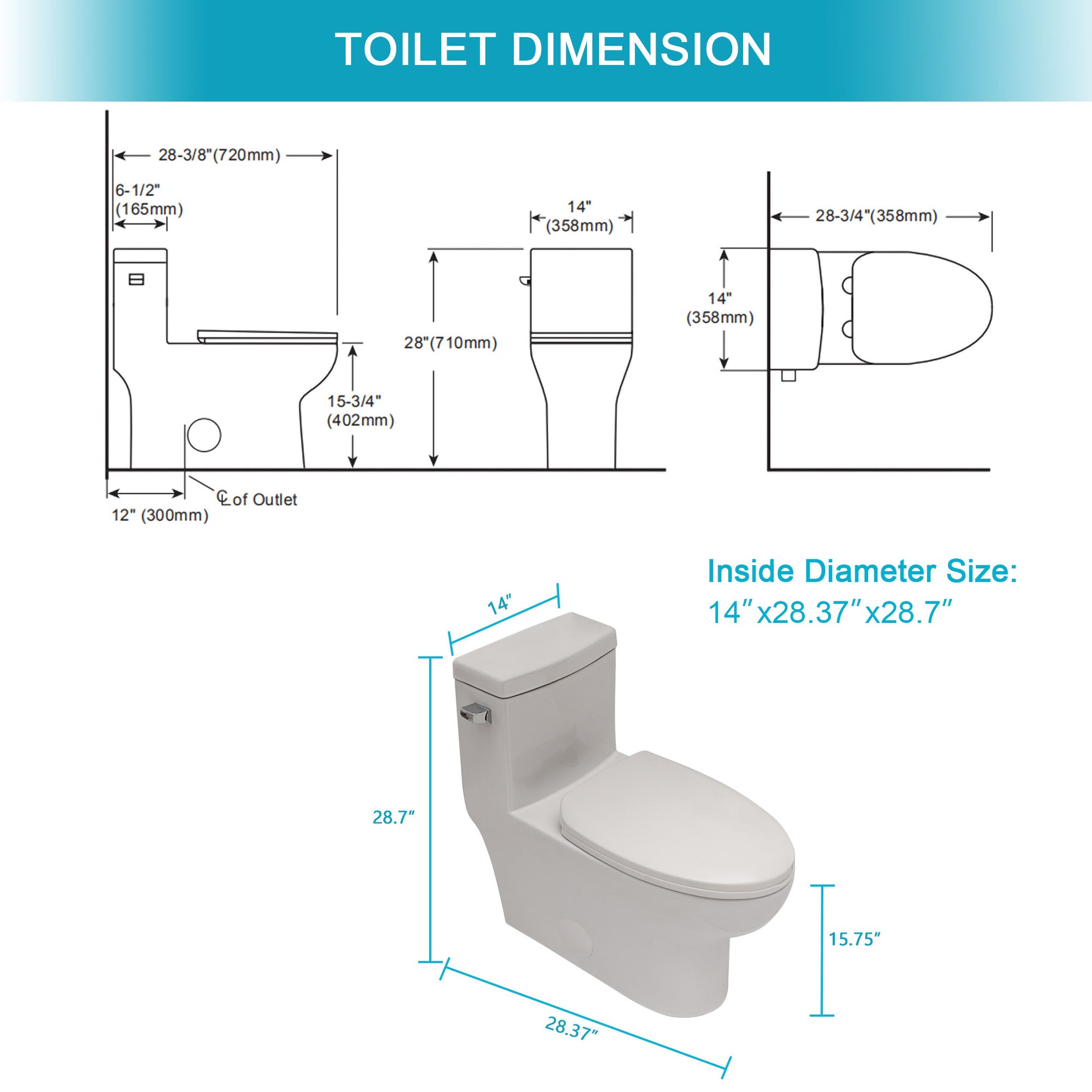 Ceramic One Piece Toilet,Single Flush With Soft Clsoing Seat White Ceramic