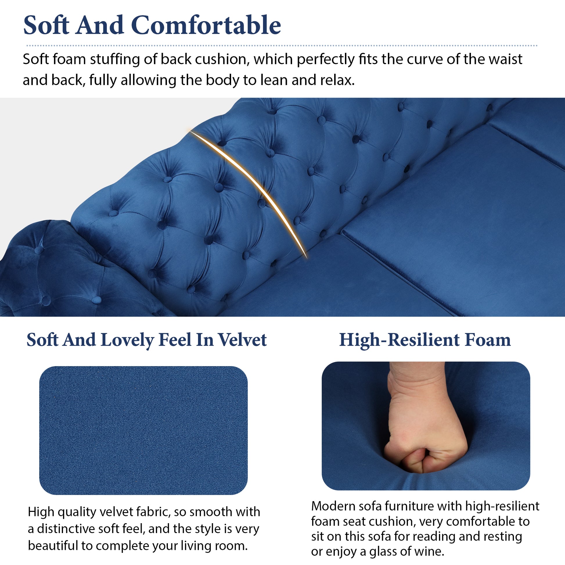 40.5" Velvet Upholstered Accent Sofa,Modern Single Sofa Chair With Button Tufted Back,Modern Single Couch For Living Room,Bedroom,Or Small Space,Blue Blue Foam Velvet