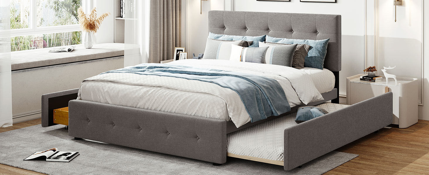 Upholstered Platform Bed With 2 Drawers And 1 Twin Xl Trundle, Linen Fabric, Queen Size Light Gray Old Sku :Lp000314Aan Light Gray Upholstered