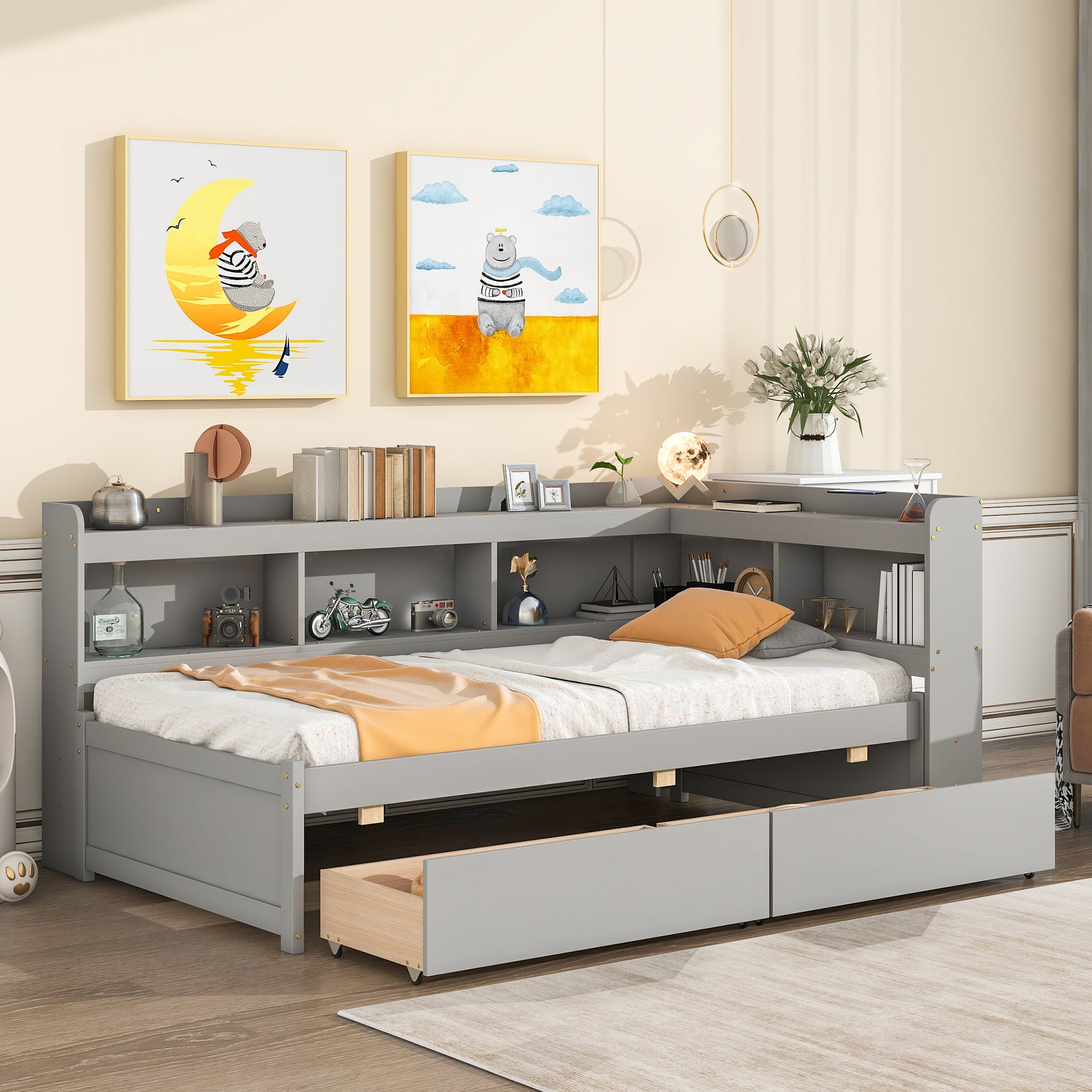 Twin Bed With L Shaped Bookcases,Drawers,Grey Twin Gray Pine