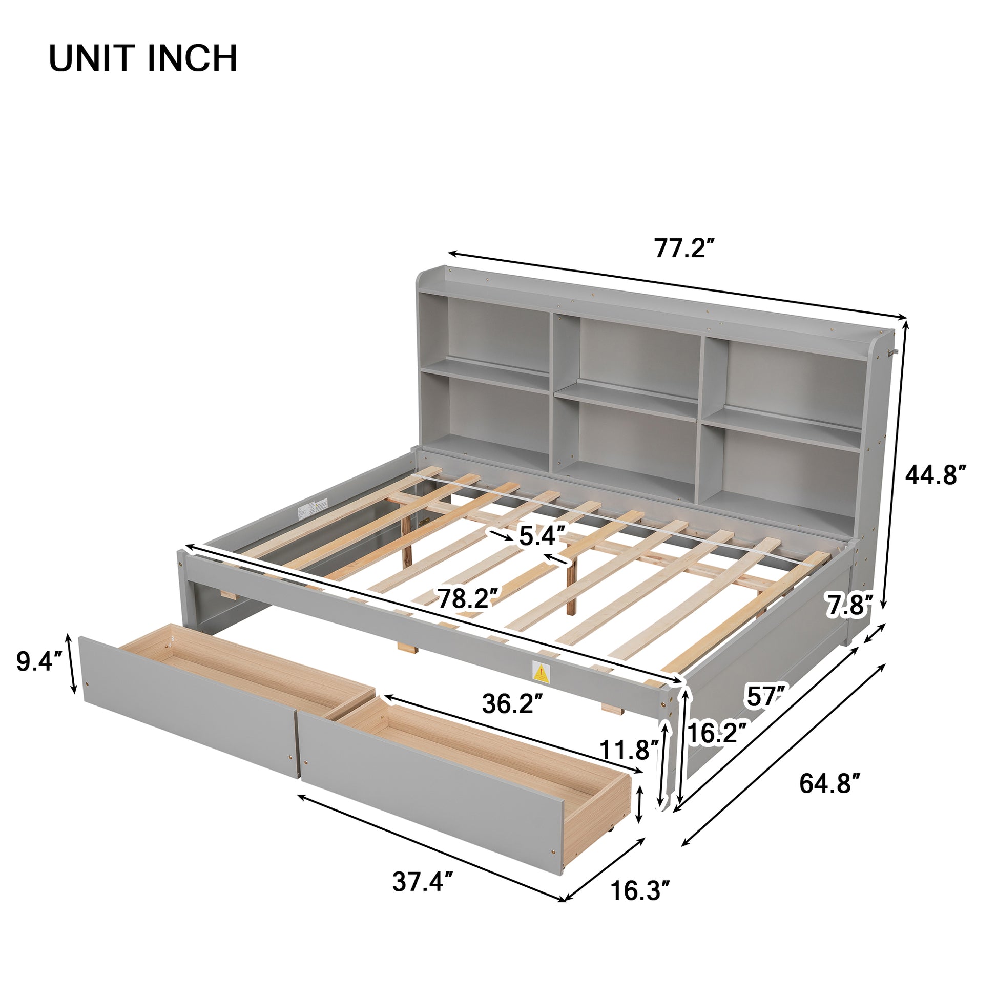 Full Bed With Side Bookcase, Drawers,Grey Full Grey Pine