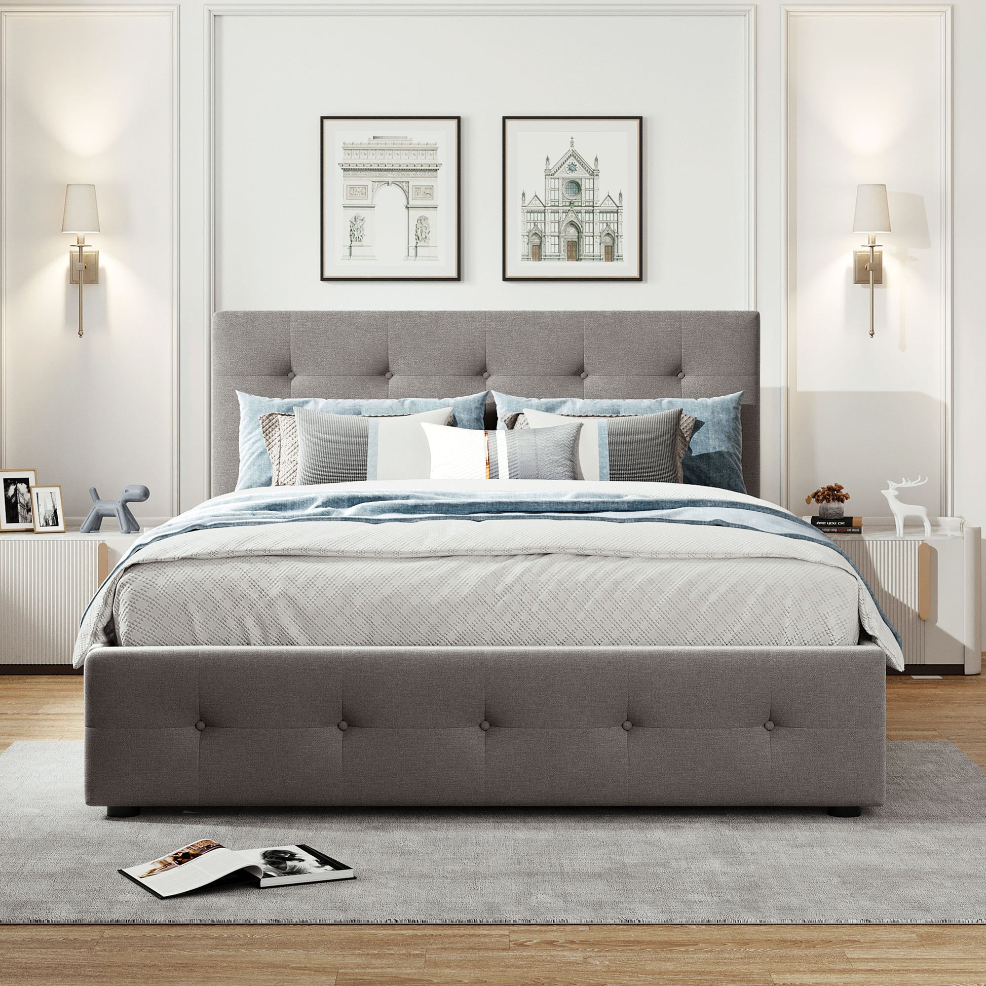 Upholstered Platform Bed With 2 Drawers And 1 Twin Xl Trundle, Linen Fabric, Queen Size Light Gray Old Sku :Lp000314Aan Light Gray Upholstered