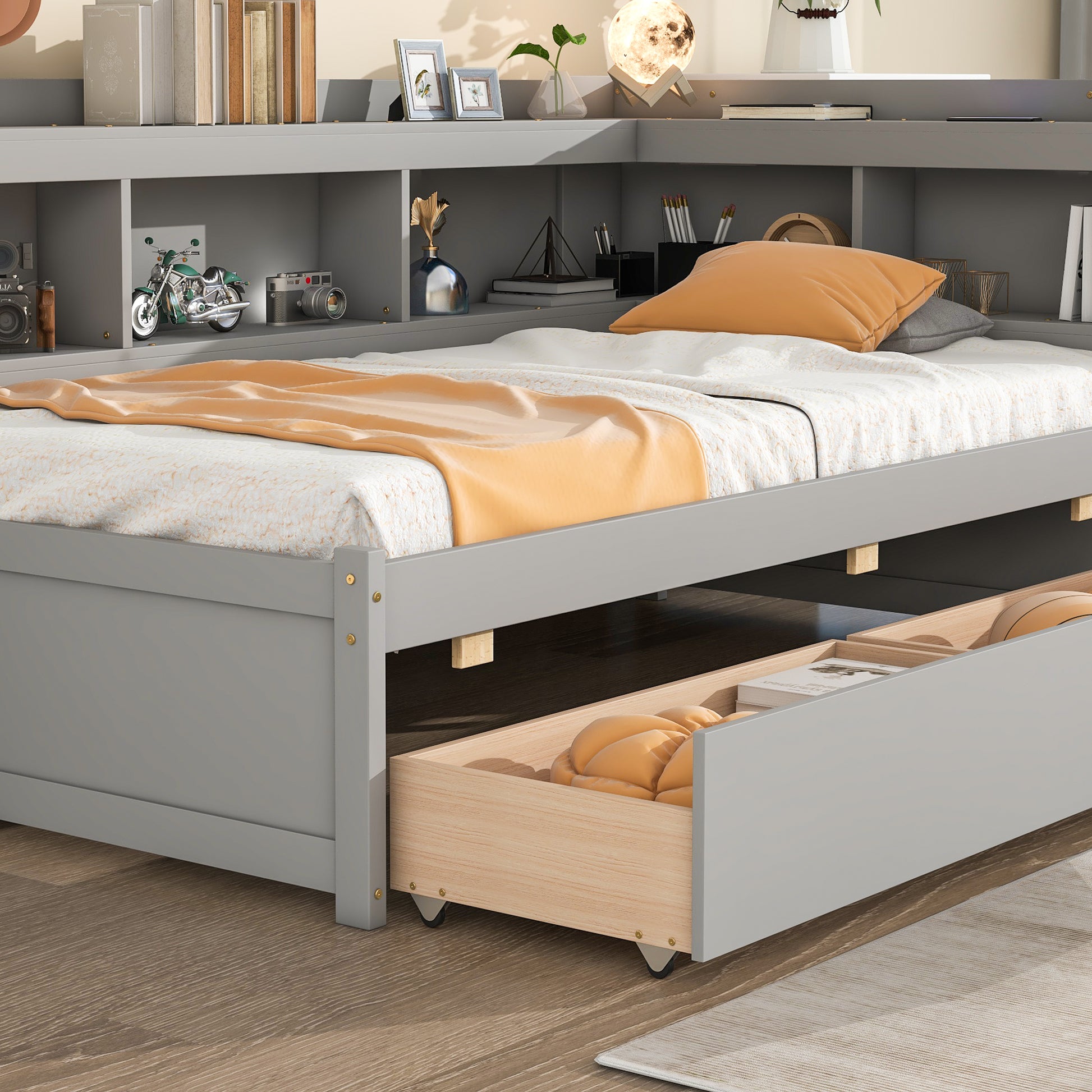 Twin Bed With L Shaped Bookcases,Drawers,Grey Twin Gray Pine