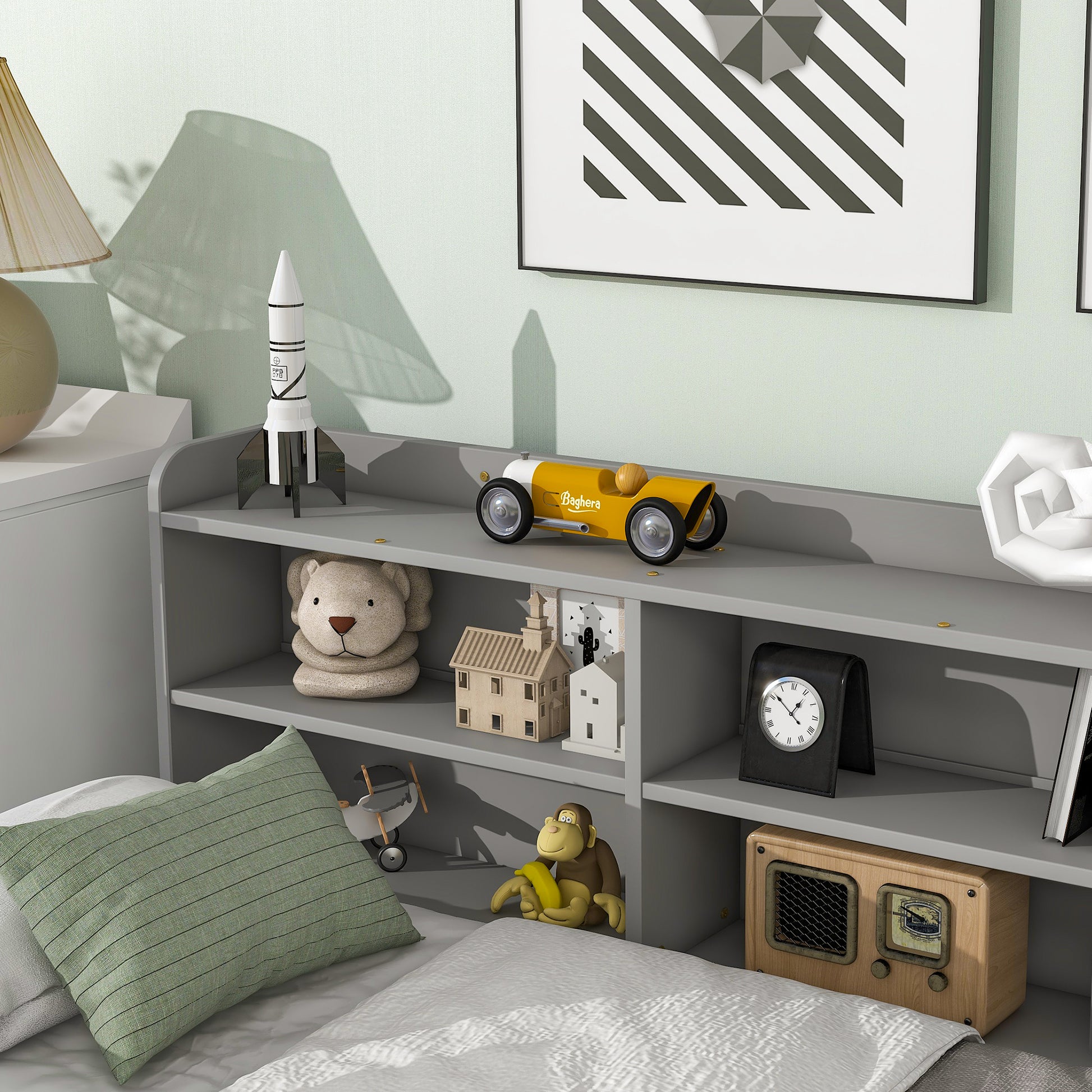 Full Bed With Side Bookcase, Drawers,Grey Full Grey Pine