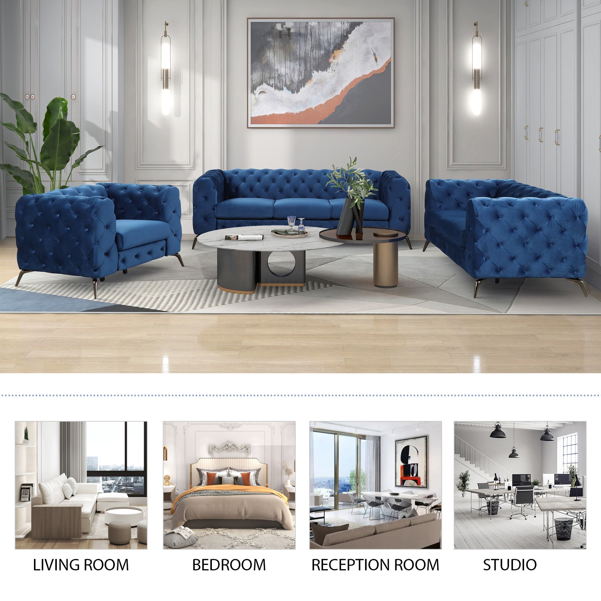 Modern 3 Piece Sofa Sets With Sturdy Metal Legs,Velvet Upholstered Couches Sets Including Three Seat Sofa, Loveseat And Single Chair For Living Room Furniture Set,Blue Blue Foam Velvet 6 Seat