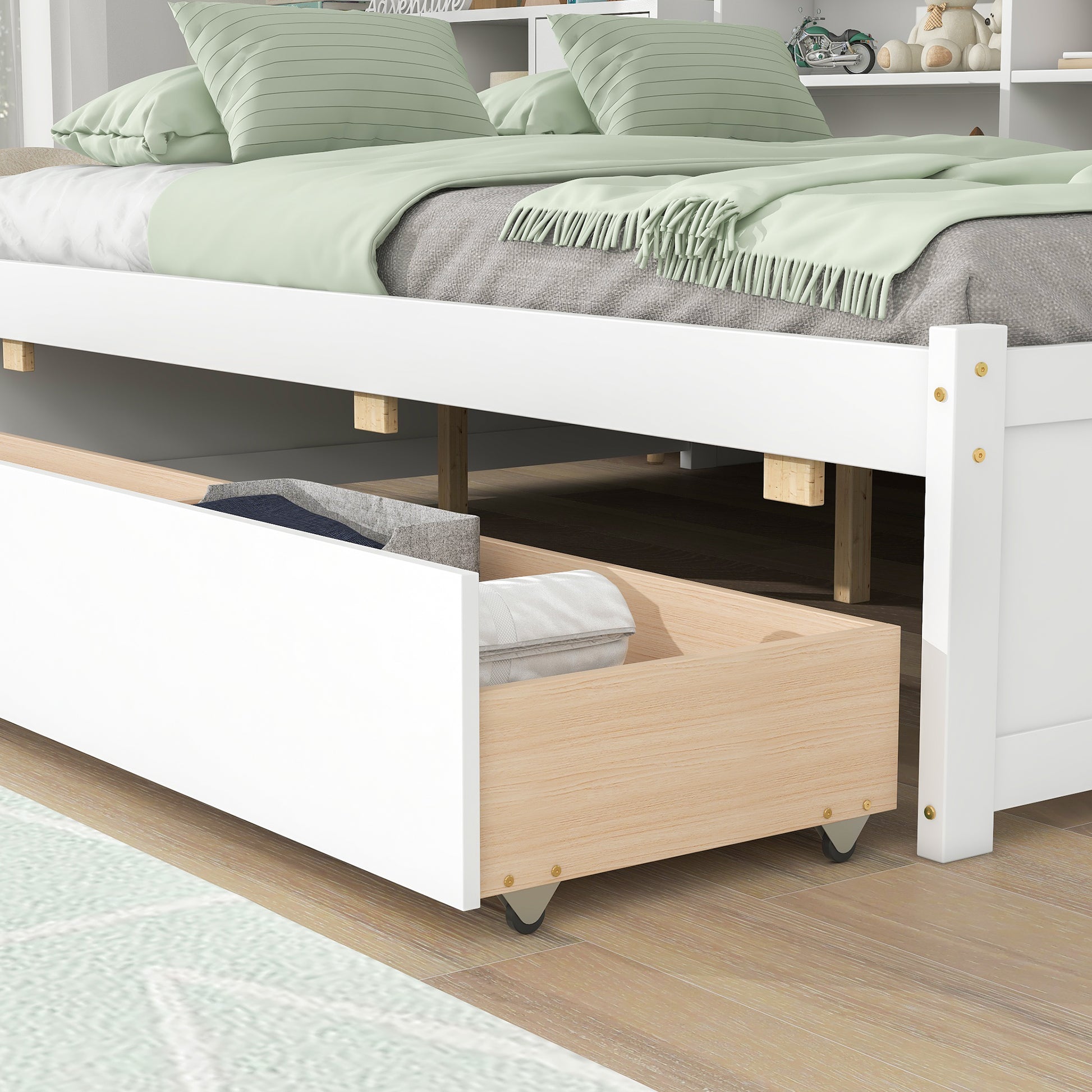Full Bed With Side Bookcase, Drawers,White White Pine
