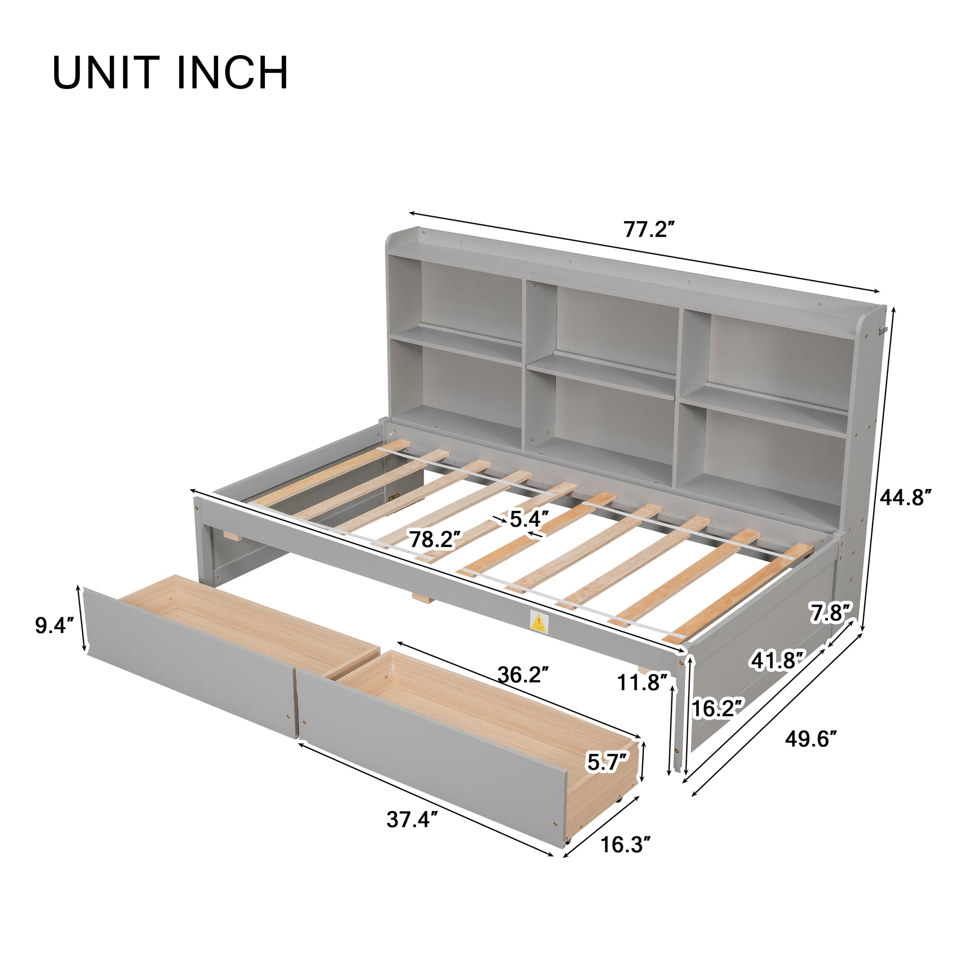 Twin Bed With Side Bookcase, Drawers ,Grey Twin Grey Pine